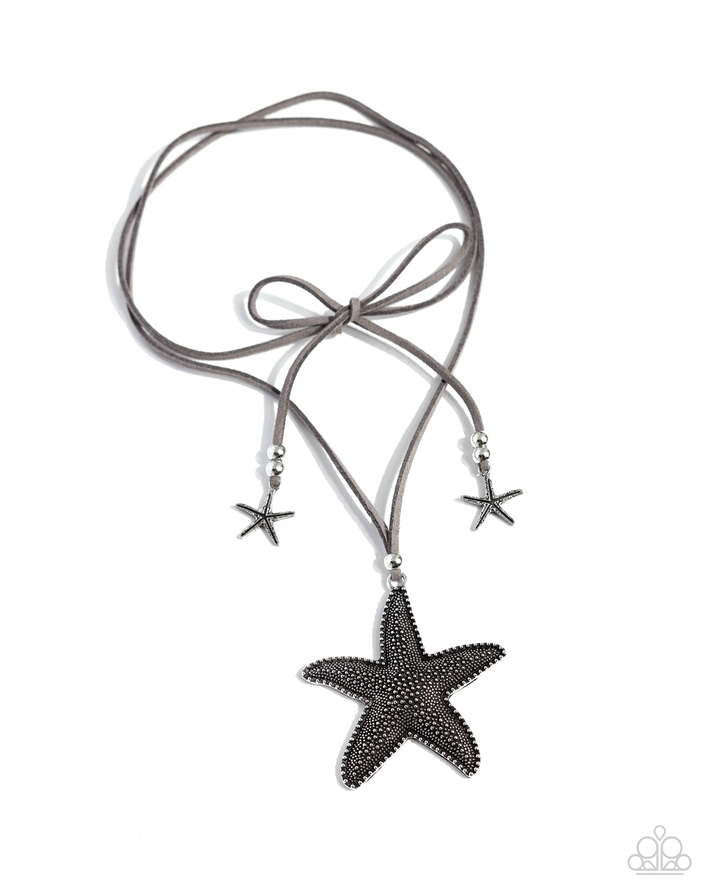Paparazzi Accessories - Starfish Sentiment - Silver Necklaces infused with silver beaded and studded oversized starfish accents, a lengthened strip of gray suede double wraps around the neck, creating a layered choker necklace. Two whimsical silver starfish charms swing from the ends as a silver bead slides up and down the suede strands, adjusting the length of the coastal piece. Sold as one individual necklace. Includes one pair of matching earrings.