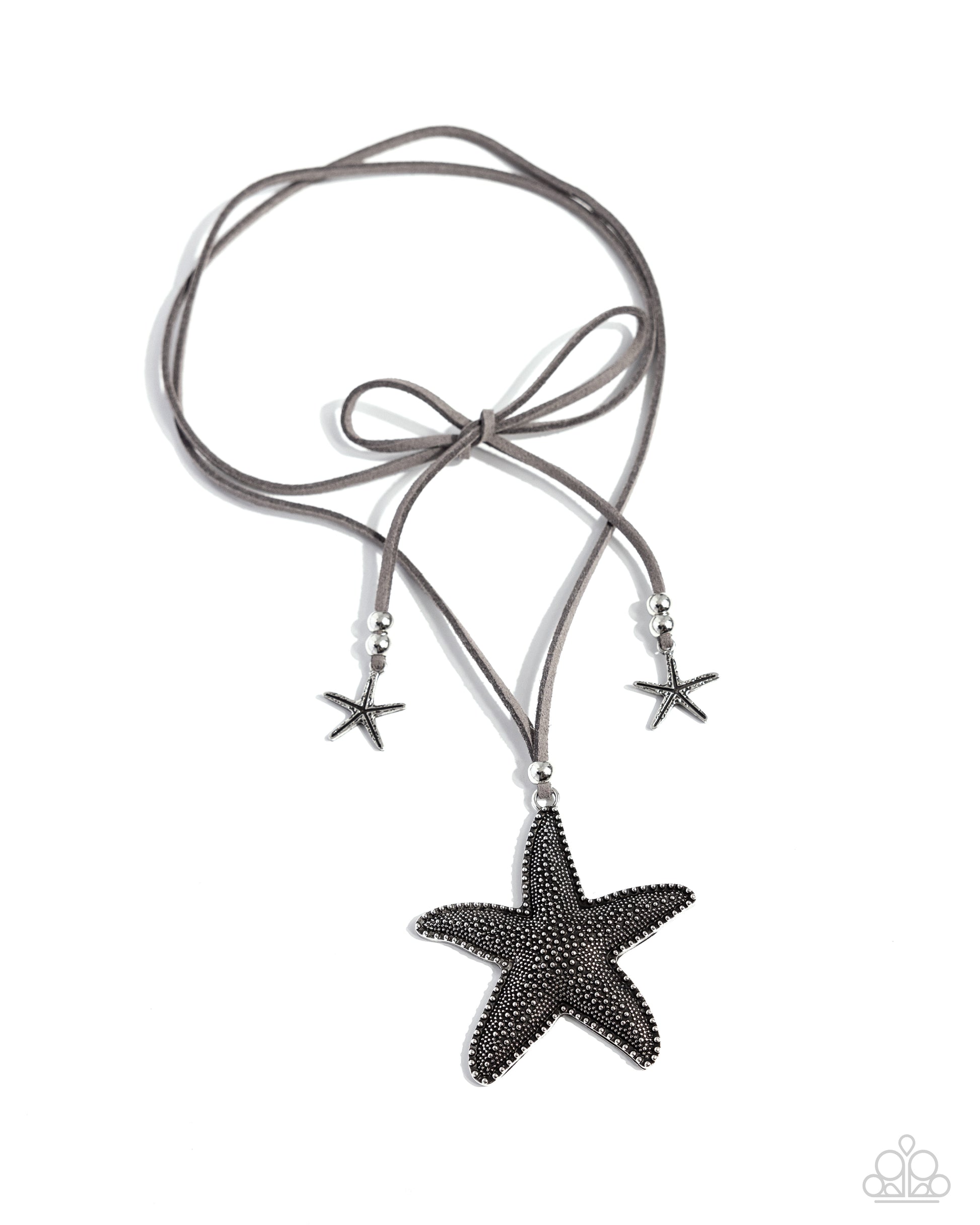Paparazzi Accessories - Starfish Sentiment - Silver Necklaces infused with silver beaded and studded oversized starfish accents, a lengthened strip of gray suede double wraps around the neck, creating a layered choker necklace. Two whimsical silver starfish charms swing from the ends as a silver bead slides up and down the suede strands, adjusting the length of the coastal piece.  Sold as one individual necklace. Includes one pair of matching earrings.
