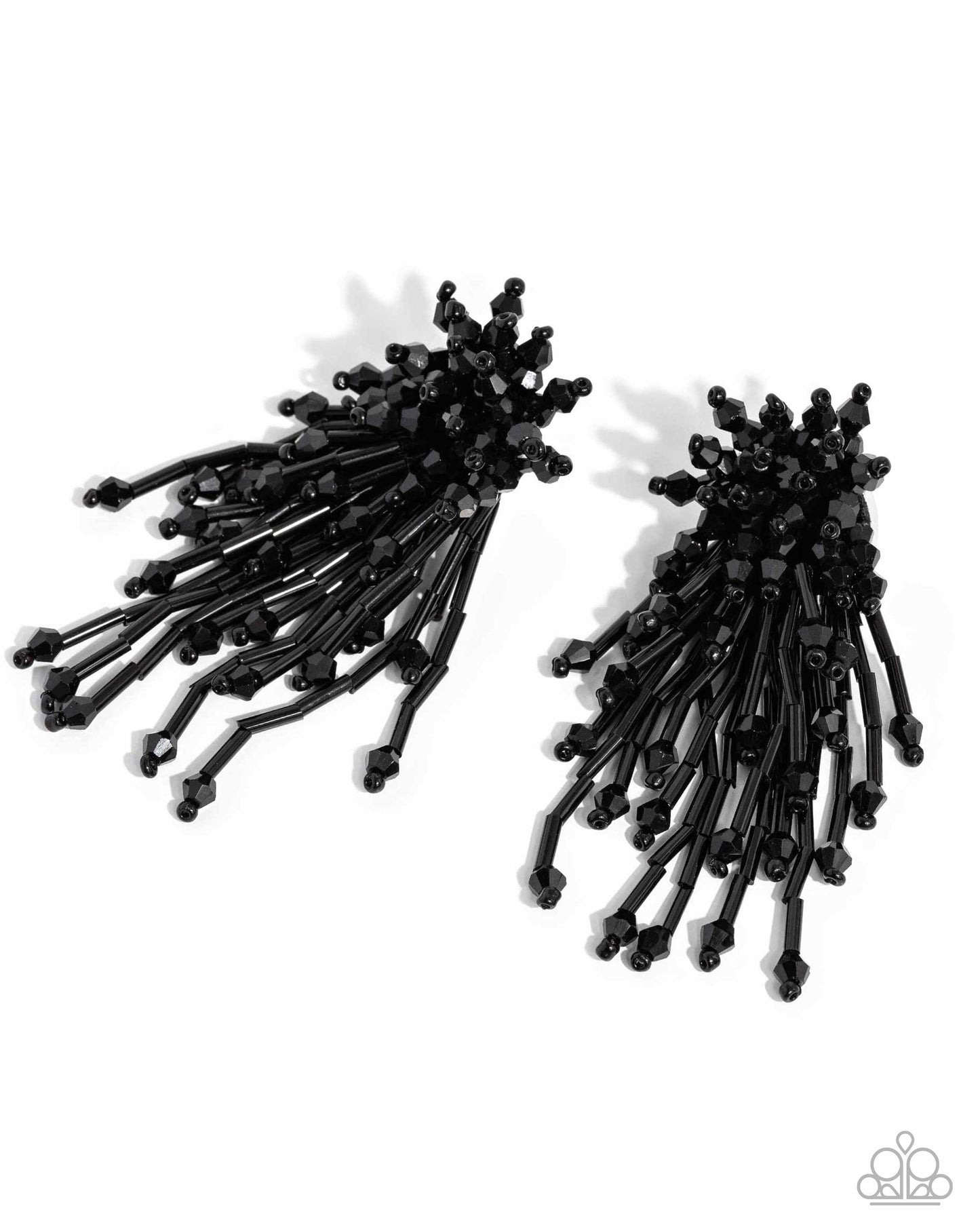 An explosion of faceted, shiny black beads and bars elongate into a modern, edgy display. Earring attaches to a standard post fitting. Sold as one pair of post earrings