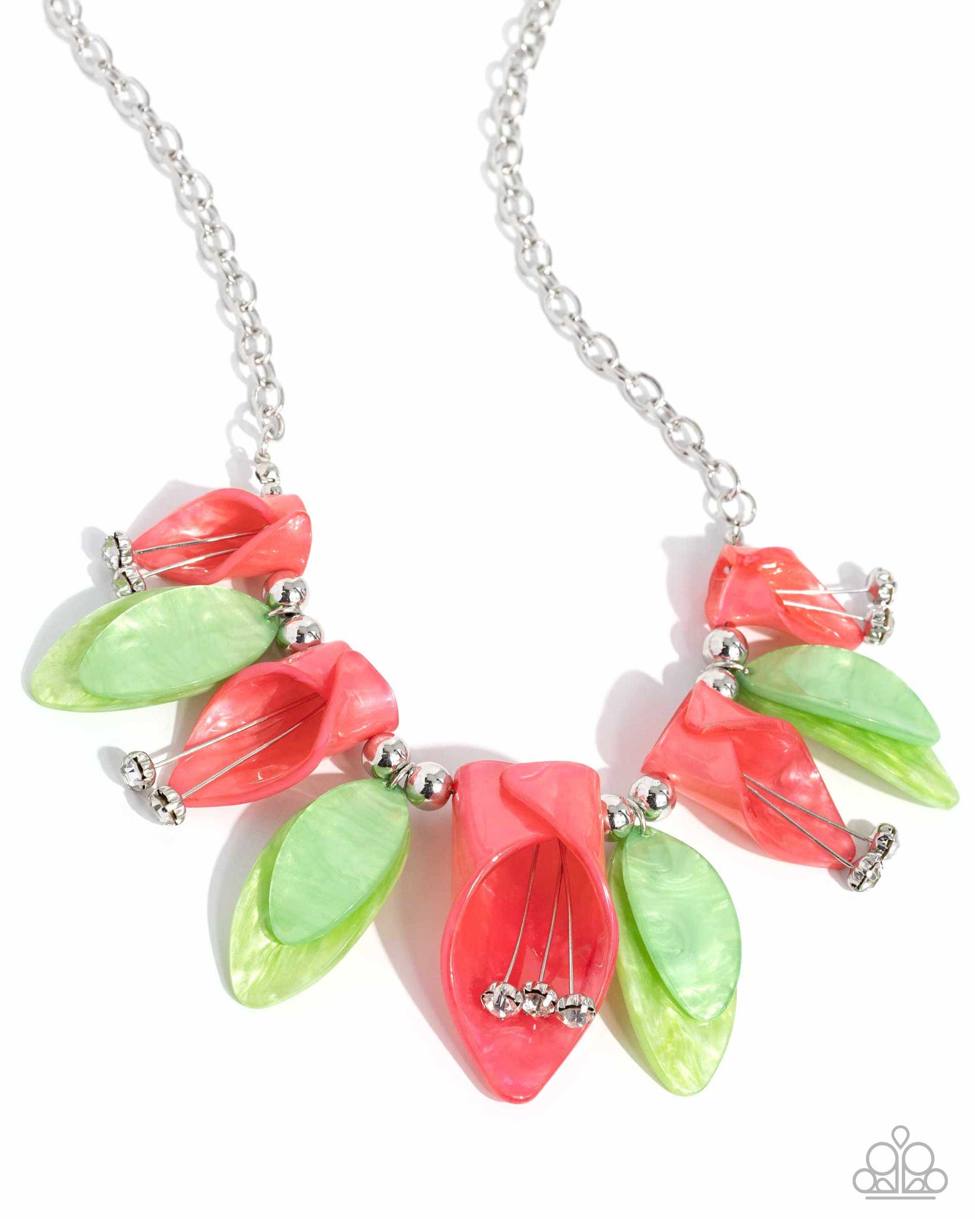 Bright coral acrylics, curl into tulip-like flowers while green acrylics, featuring a reflective shimmer, layer into leaves that alternate with the coral tulips. White gems bloom from dainty silver wires, forming into pistils from the coral tulips while glossy duos of silver beads frame the green leaves for additional sheen. Features an adjustable clasp closure.  Sold as one individual necklace. Includes one pair of matching earrings.