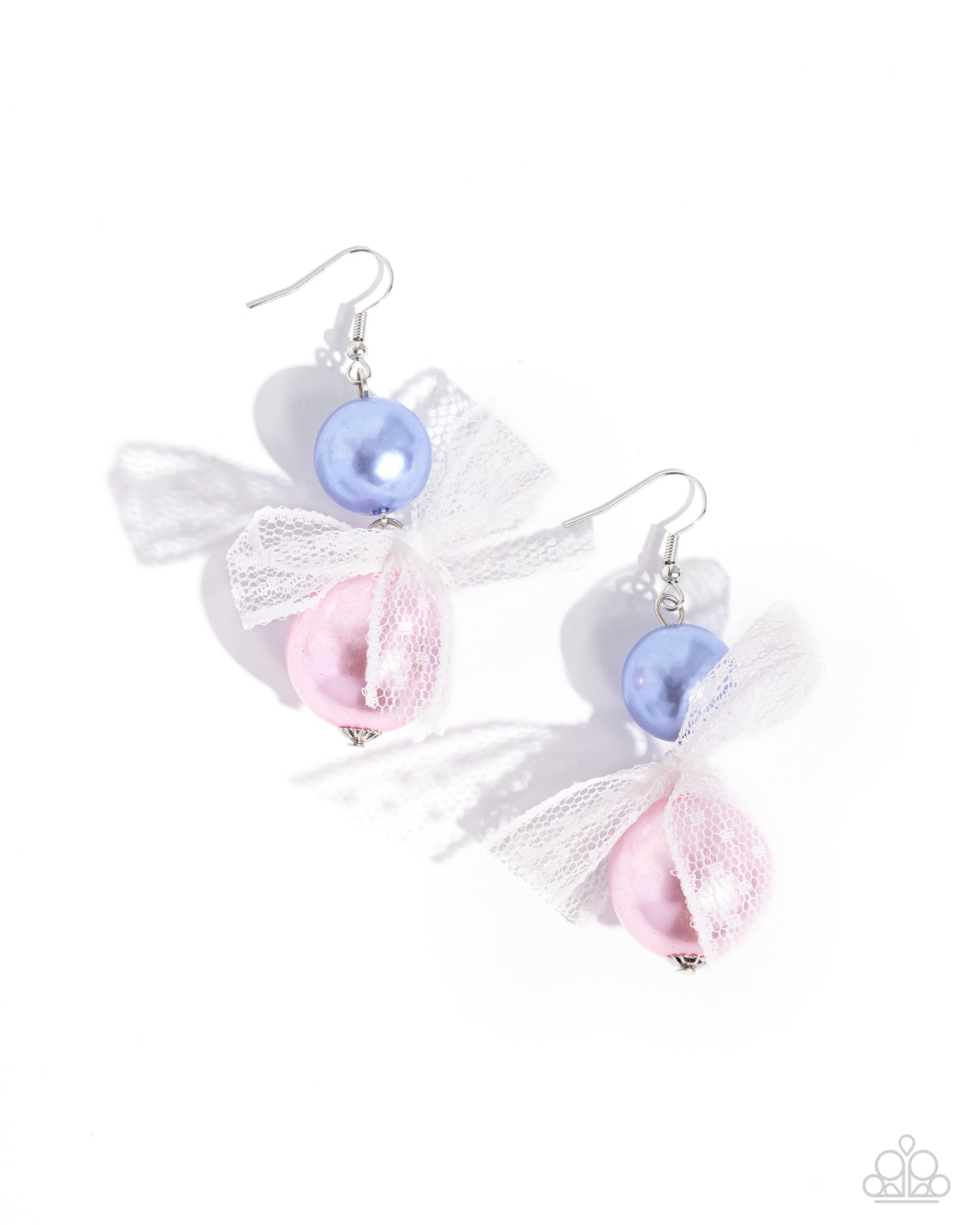 <p data-mce-fragment="1">Two glossy pearls one in blue and one in pink stack atop one another while an airy, chiffon white ribbon is tied in the center of the pearls for a refined finish. Earring attaches to a standard fishhook fitting.</p> <p data-mce-fragment="1"><i data-mce-fragment="1">Sold as one pair of earrings.</i></p>