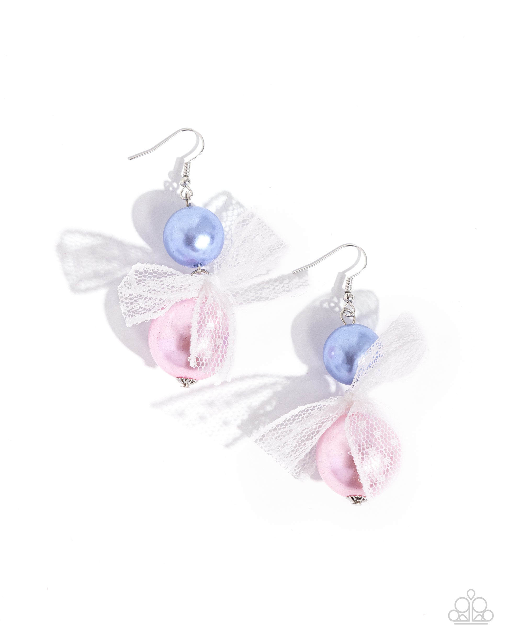 <p data-mce-fragment="1">Two glossy pearls one in blue and one in pink stack atop one another while an airy, chiffon white ribbon is tied in the center of the pearls for a refined finish. Earring attaches to a standard fishhook fitting.</p> <p data-mce-fragment="1"><i data-mce-fragment="1">Sold as one pair of earrings.</i></p>