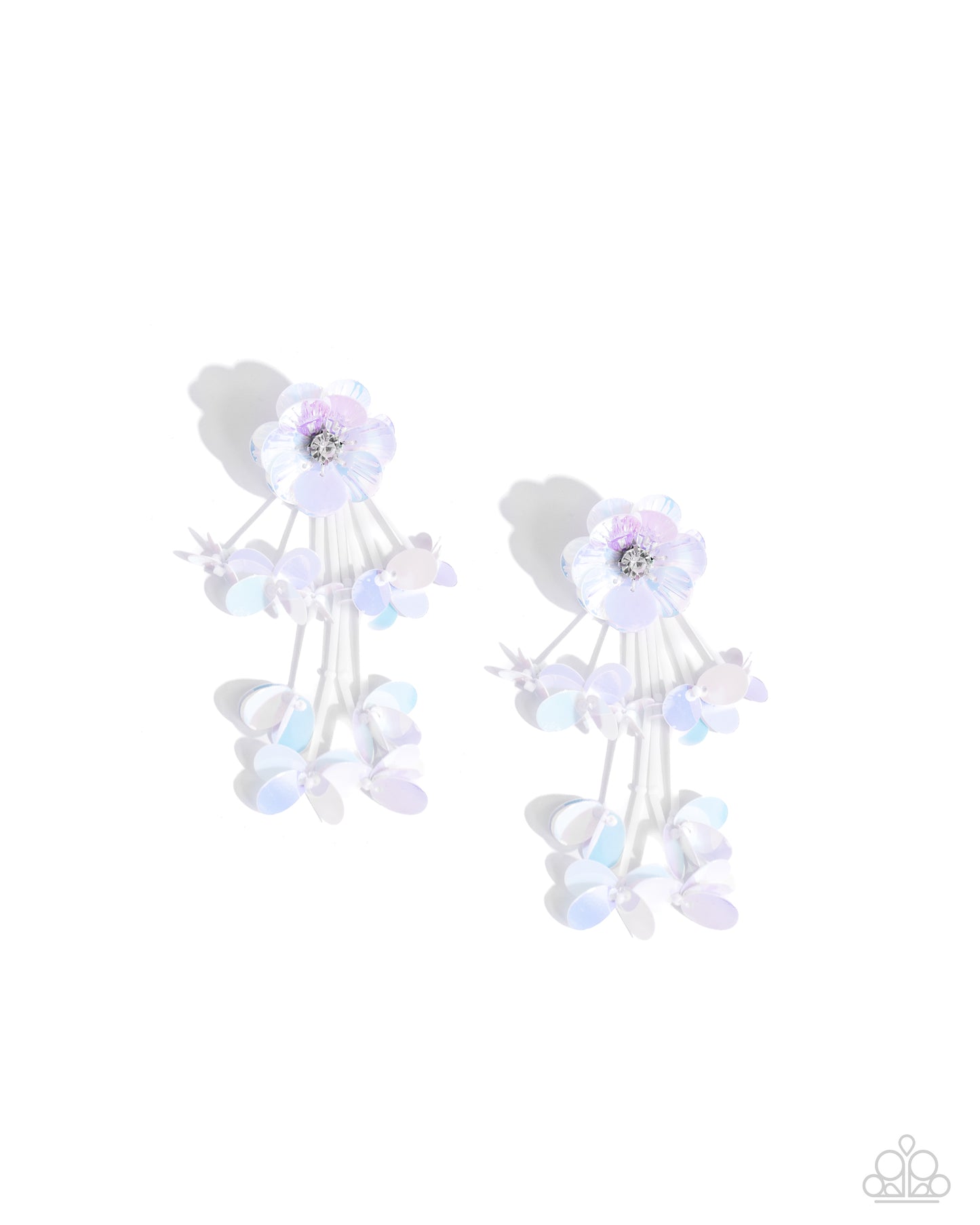 Blooming from a faceted white gem center, textured white iridescent sequin petals give way to a collection of white cylindrical beaded strands that elongate the neck. Sporadically bursting amongst the strands, a collection of simple white iridescent sequins flicker and flash for additional eye-catching interest. Earring attaches to a standard post fitting. Due to its prismatic palette, color may vary. Sold as one pair of post earrings.