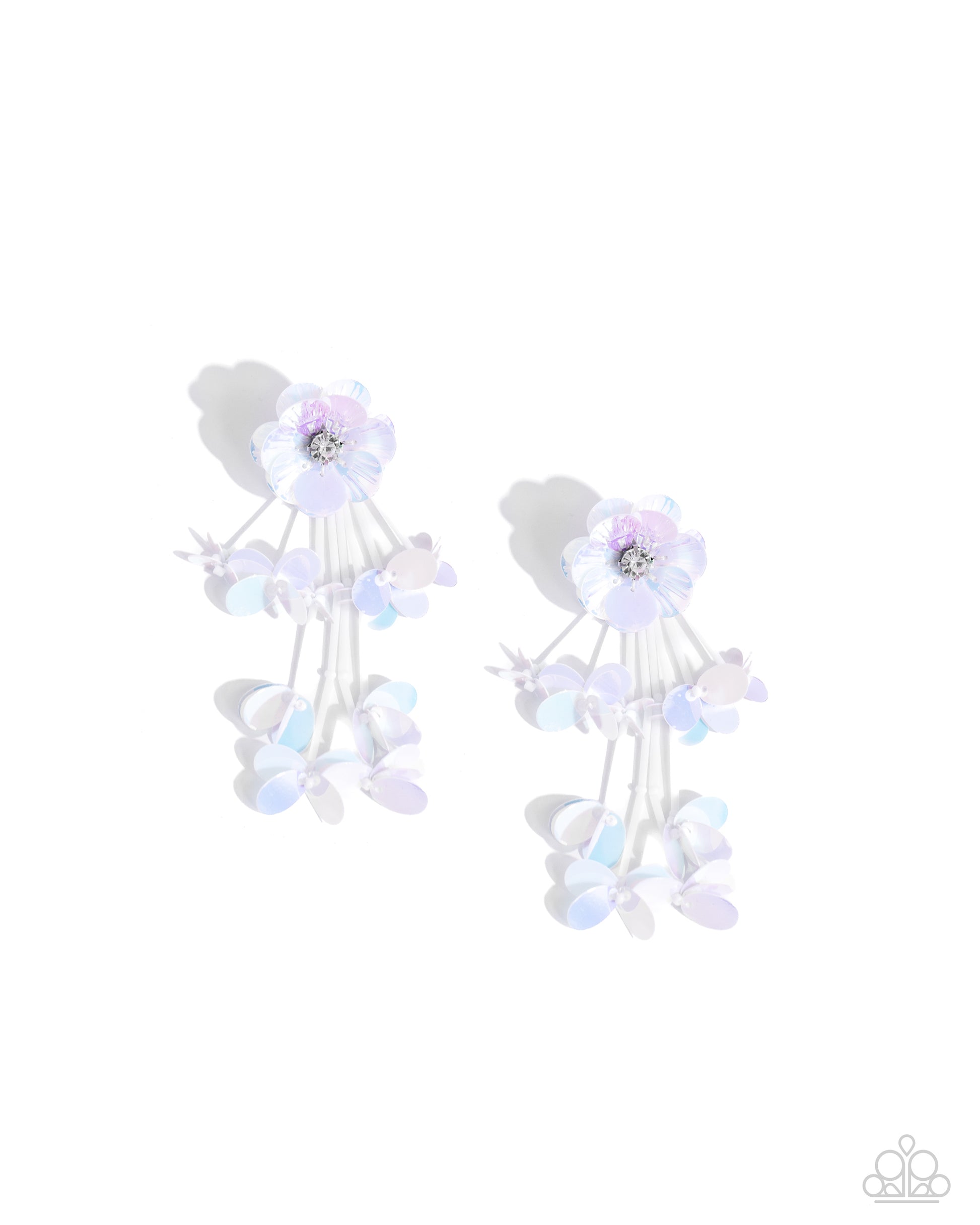 Blooming from a faceted white gem center, textured white iridescent sequin petals give way to a collection of white cylindrical beaded strands that elongate the neck. Sporadically bursting amongst the strands, a collection of simple white iridescent sequins flicker and flash for additional eye-catching interest. Earring attaches to a standard post fitting. Due to its prismatic palette, color may vary.  Sold as one pair of post earrings.