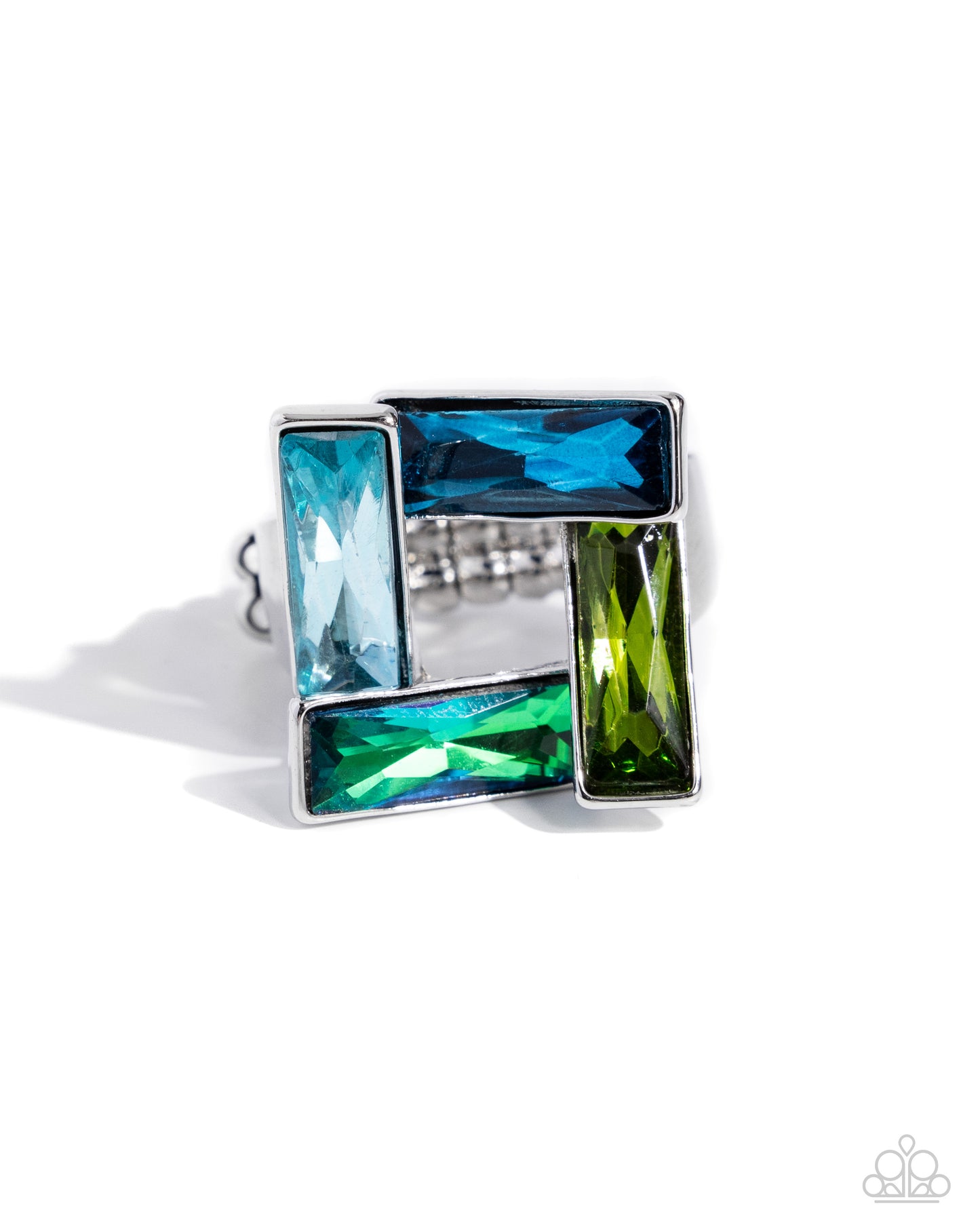Set in a topsy-turvy silver frame, a collection of blue multicolored emerald-cut gems form into an airy square for a sinuous shimmery centerpiece. Features a stretchy band for a flexible fit. Sold as one individual ring.