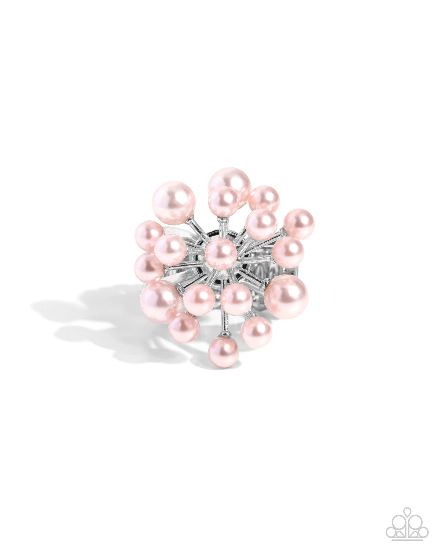 Paparazzi Accessories - Bubbly Beau - Pink Rings featuring a floral, fanned-out pattern, a collection of glossy baby pink pearls bloom and extend out on dainty silver rods from a pearly center atop the finger. Features a stretchy band for a flexible fit. Sold as one individual ring.