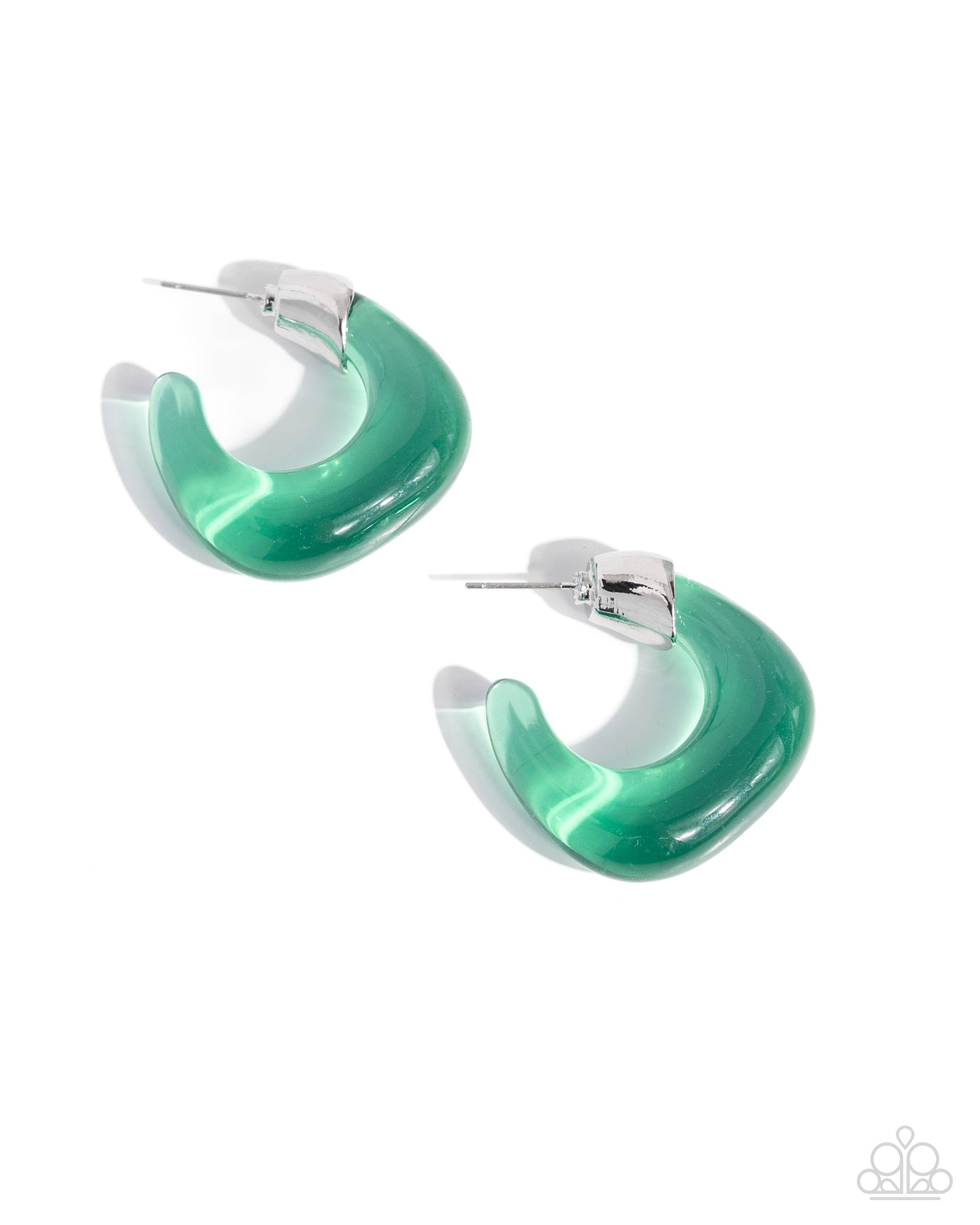 Connected to a silver cap fitting, a transparent, abstract mint hoop curls around the ear for a chic clear look. Earring attaches to a standard post fitting. Hoop measures approximately 1" in diameter. Sold as one pair of hoop earrings.