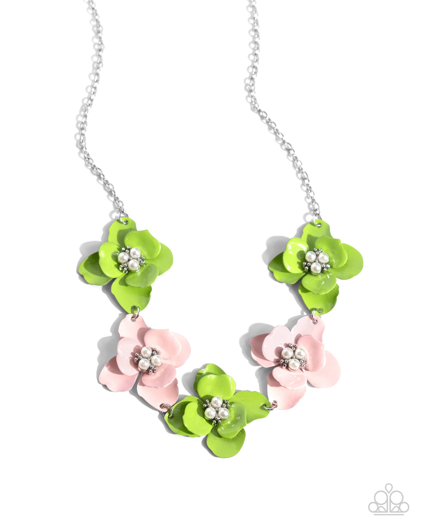 Paparazzi Accessories - Pastel Pizazz - Green Necklaces featuring a trio of glossy white pearls and silver studded centers, a collection of light pink and apple green-painted flowers alternate below the neckline from a dainty silver chain for a pastel-inspired pattern of whimsy. Features an adjustable clasp closure. Sold as one individual necklace. Includes one pair of matching earrings.