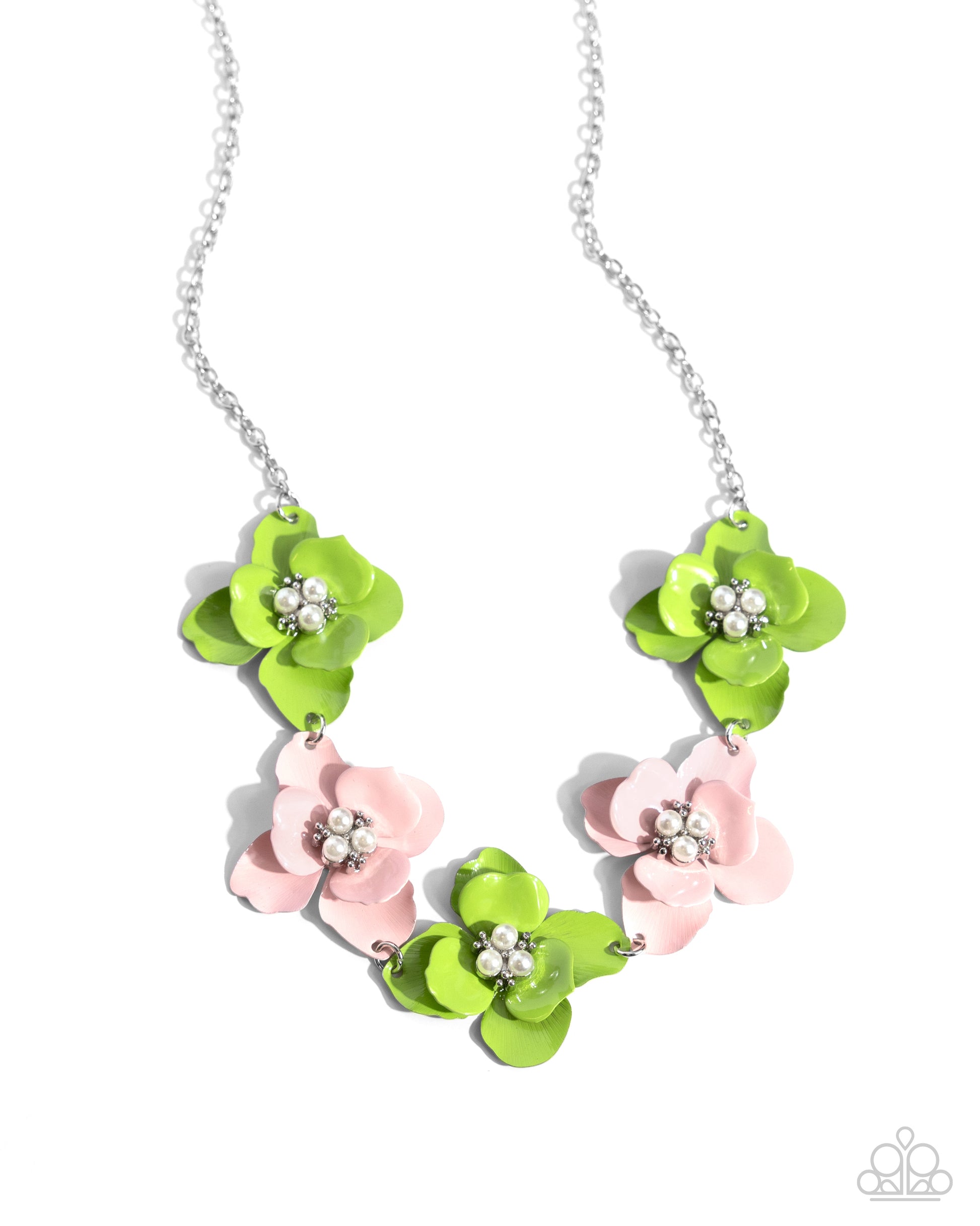 Paparazzi Accessories - Pastel Pizazz - Green Necklaces featuring a trio of glossy white pearls and silver studded centers, a collection of light pink and apple green-painted flowers alternate below the neckline from a dainty silver chain for a pastel-inspired pattern of whimsy. Features an adjustable clasp closure.  Sold as one individual necklace. Includes one pair of matching earrings.