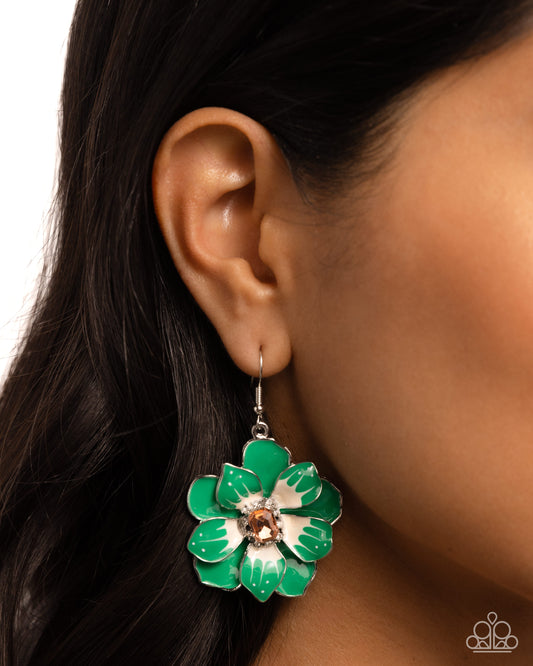 Featuring a border of white rhinestones, an emerald-cut light peach gem glimmers from the center of a Mint and white-patterned tropical flower. A larger Mint flower blooms and frames the shimmery flower for a three-dimensional finish. Earring attaches to a standard fishhook fitting.  Sold as one pair of earrings.