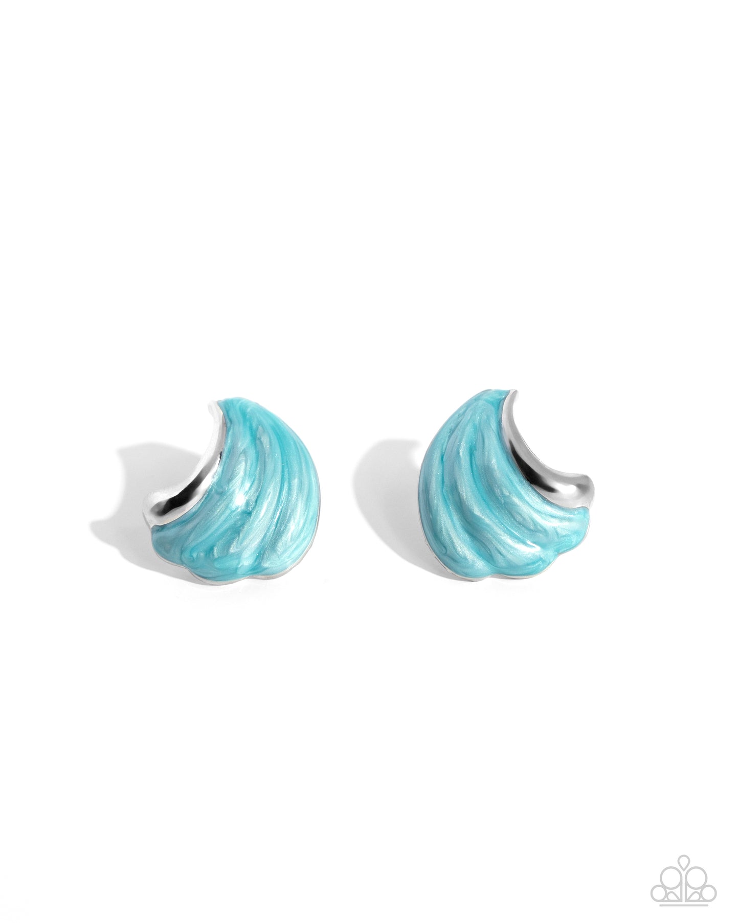 Paparazzi Accessories - Whimsical Waves - Blue Earrings featuring a Capri pearlized paint, textured silver bars curl up towards the ear in an ocean wave-like manner for a coastal centerpiece. Earring attaches to a standard post fitting. Sold as one pair of post earrings.