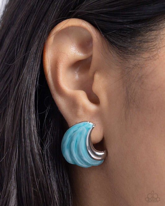 Paparazzi Accessories - Whimsical Waves - Blue Earrings featuring a Capri pearlized paint, textured silver bars curl up towards the ear in an ocean wave-like manner for a coastal centerpiece. Earring attaches to a standard post fitting.  Sold as one pair of post earrings.