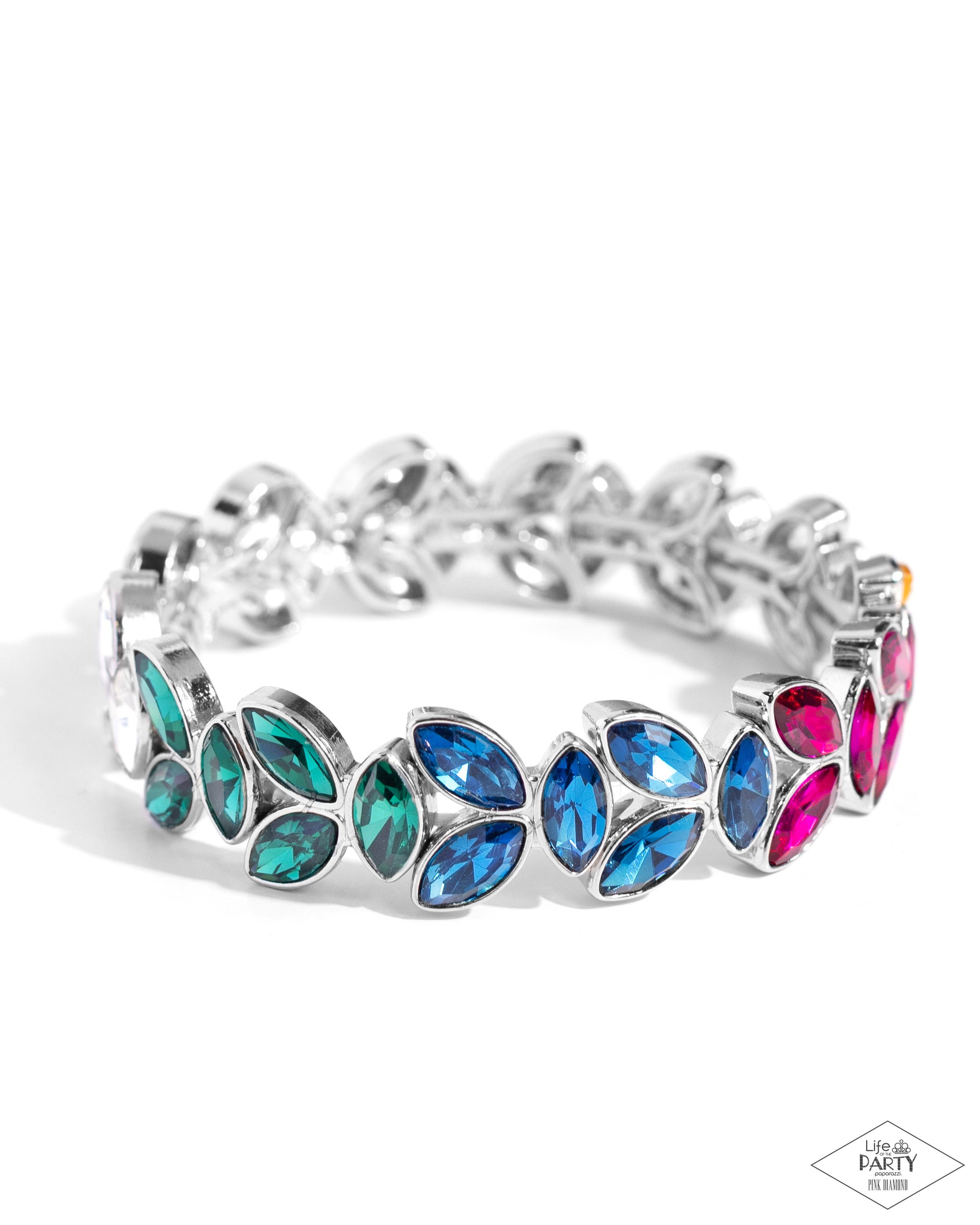 Paparazzi Accessories - Gilded Gardens - Multi Bracelets trios of elegant marquise multicolored rhinestones delicately join into leafy silver frames along a stretchy band, creating a refined display around the wrist.  Sold as one individual bracelet.