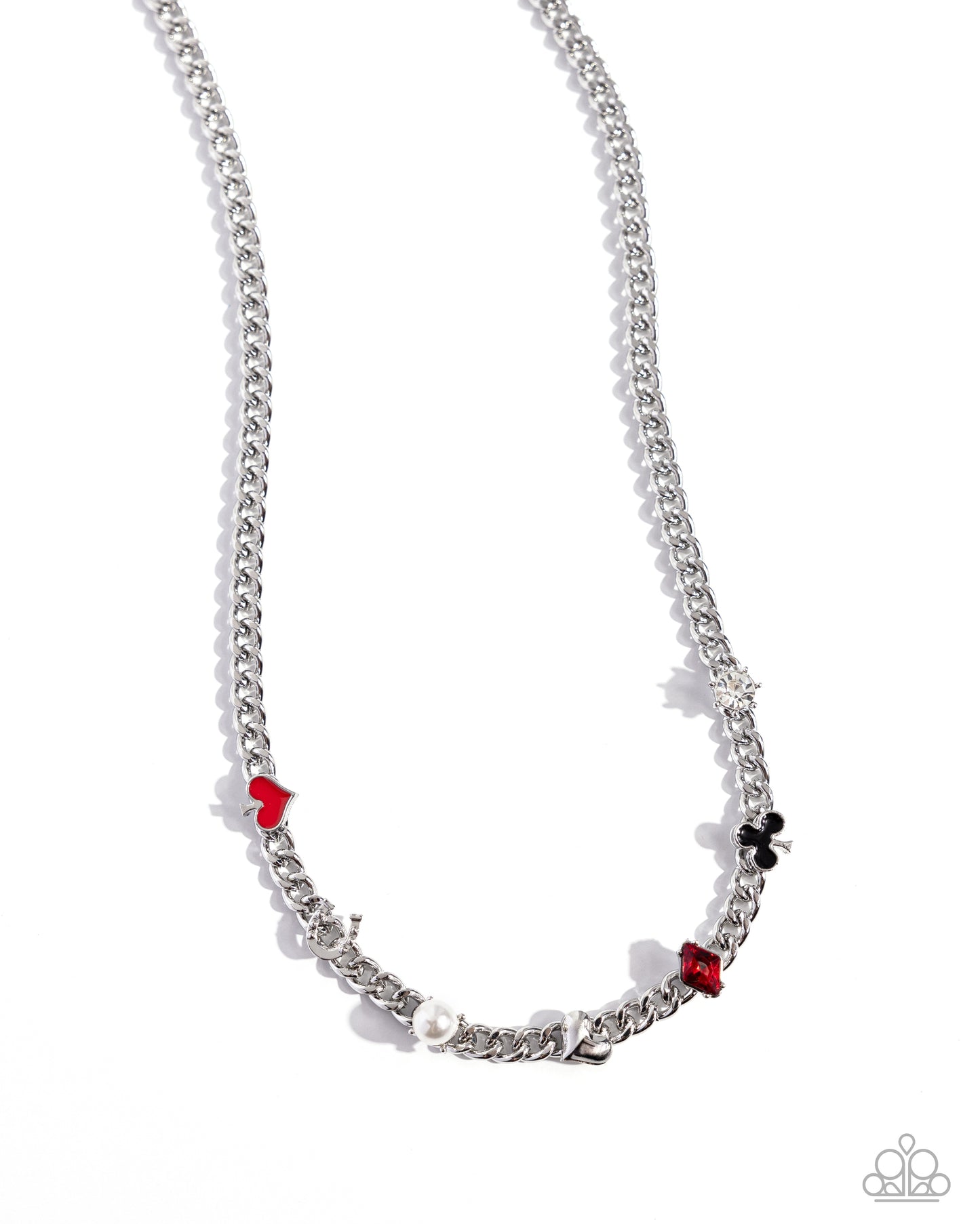 Paparazzi Accessories - Vegas Vault - Red Necklaces Zpronged in place along a high-sheen silver curb chain, a Vegas-styled collection of charms shimmer along the neckline. The various charms include a white pearl, silver heart, white gem, white rhinestone-encrusted horseshoe, a red-painted spade, a black-painted club, and a red diamond gem. Features an adjustable clasp closure. Sold as one individual necklace. Includes one pair of matching earrings.