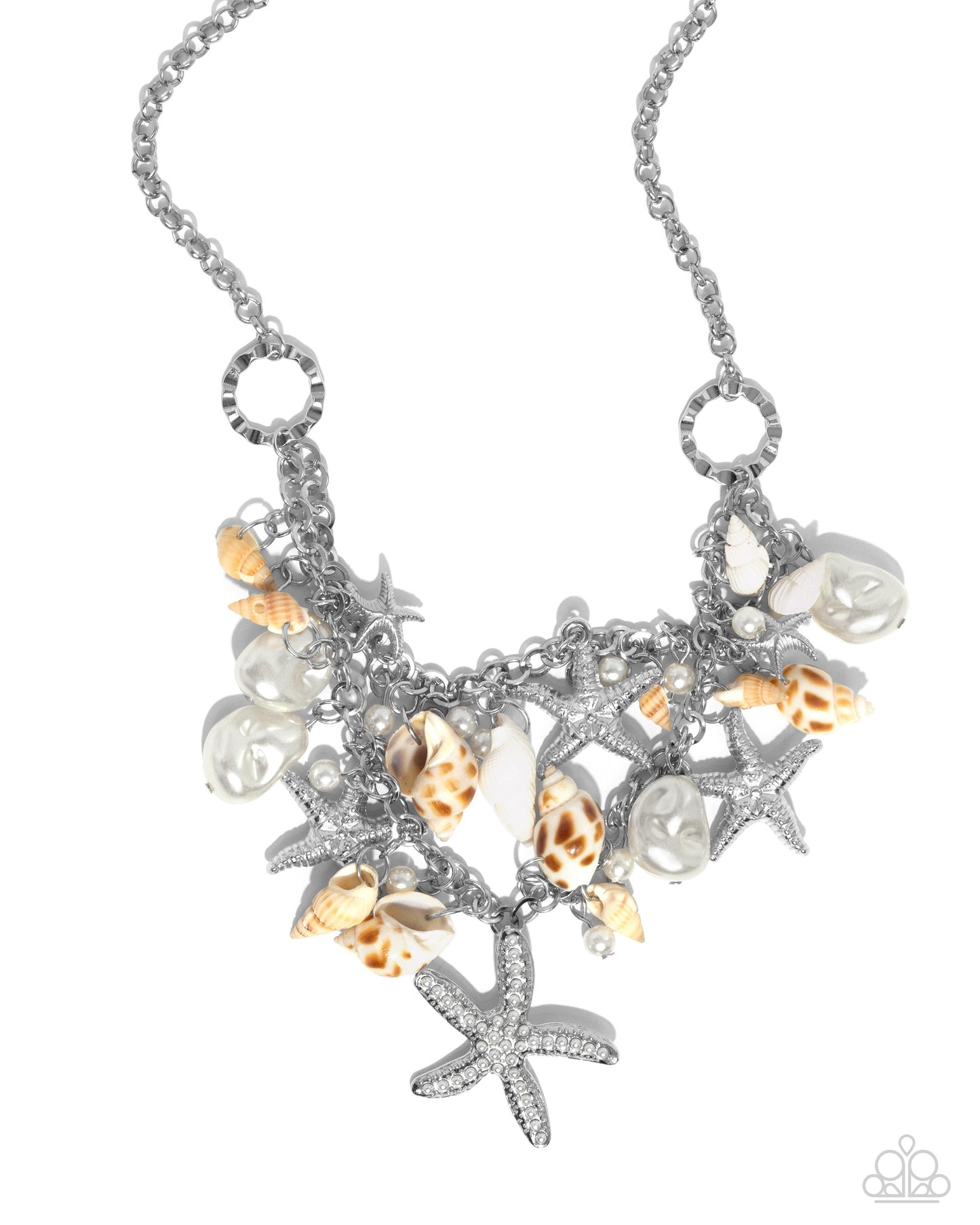 Paparazzi Accessories - Seashell Shanty & Seashell Song - White Jewelry Sets an eclectic display of shimmery silver texture and beach-inspired accents gathers along layered, thick, silver links, creating a boisterous display along the neckline. The hodgepodge of texture and sheen includes textured silver starfish, baroque white pearls, white seashells, dainty white pearls, a dainty white pearl-encrusted silver starfish, and hammered silver rings.