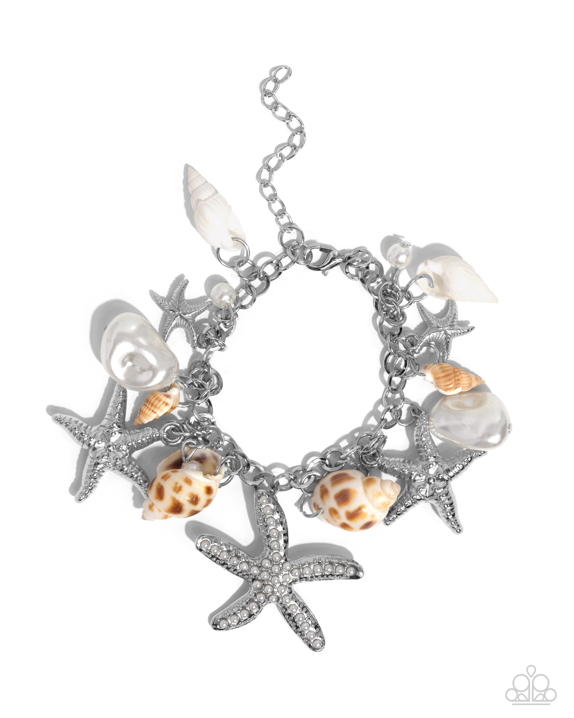 Paparazzi Accessories - Seashell Shanty & Seashell Song - White Jewelry Sets an eclectic display of shimmery silver texture and beach-inspired accents gathers along layered, thick, silver links, creating a boisterous display along the neckline. The hodgepodge of texture and sheen includes textured silver starfish, baroque white pearls, white seashells, dainty white pearls, a dainty white pearl-encrusted silver starfish, and hammered silver rings.