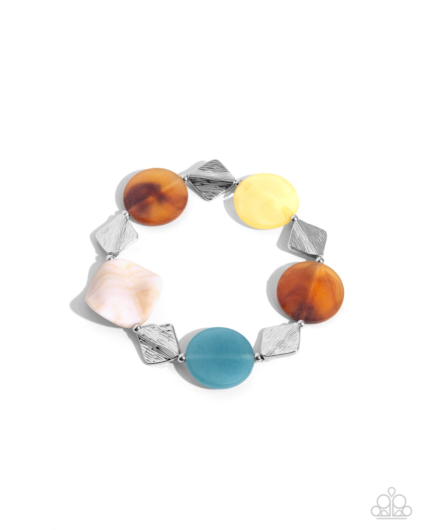 Infused along an elastic stretchy band, a collection of textured diamond silver beads, round silver beads, and clear blue, milky Primrose, brown swirled, and white swirled with brown beads in varying shapes coalesce along the wrist for an artistic, animated look. Sold as one individual bracelet.