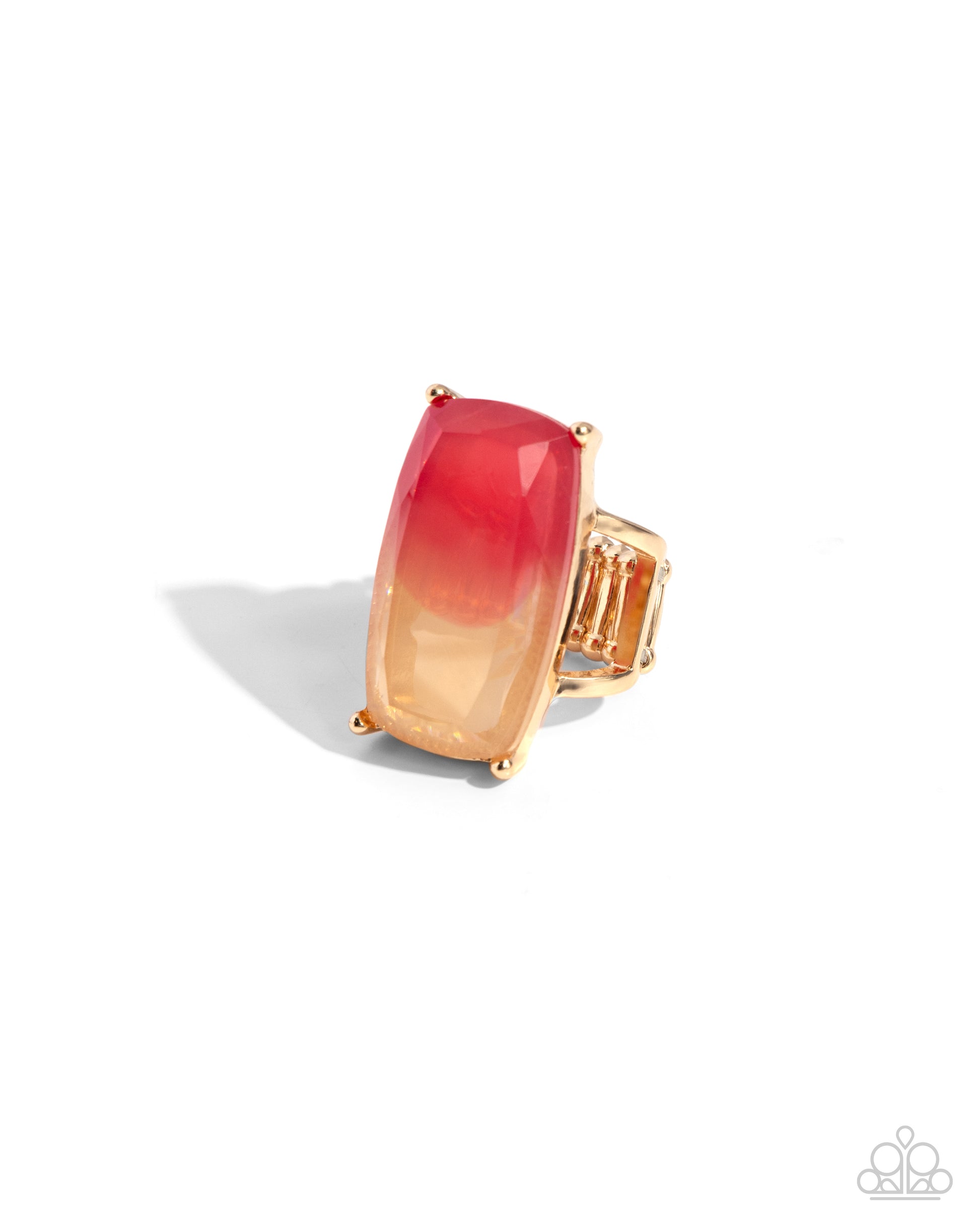 elongated faceted gem fades from pink to peach in a gold-pronged fitting for a colorful centerpiece atop the finger. Features a stretchy band for a flexible fit.
Sold as one individual ring.