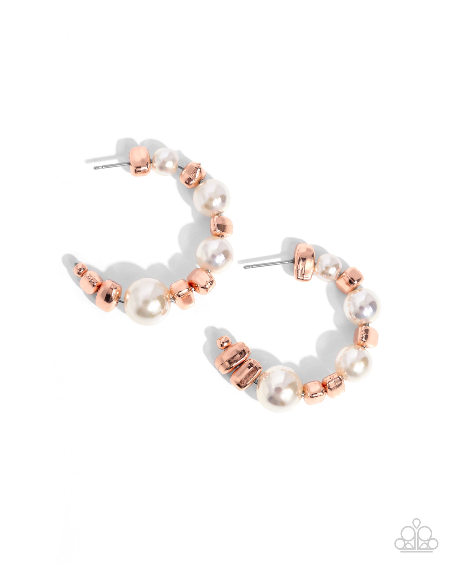 Gradually increasing in size at the center, a classic row of pearls with a subtle iridescent coating are threaded along a silver wire hoop, alternating with chiseled shiny copper metallic beads for a playfully posh look. Earring attaches to a standard post fitting. Hoop measures approximately 1 1/2" in diameter. Due to its prismatic palette, color may vary. Sold as one pair of hoop earrings.