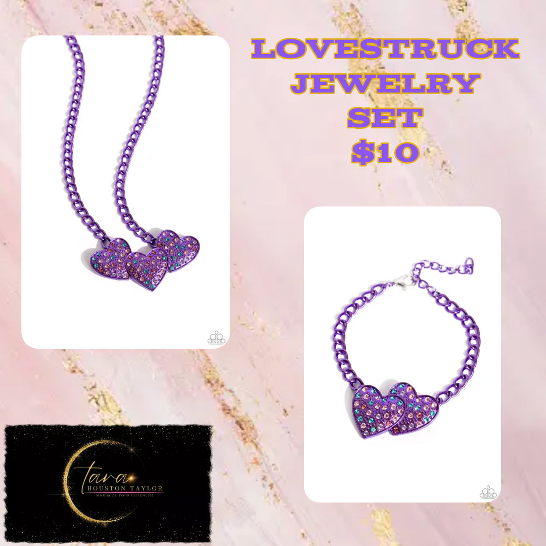 Paparazzi Accessories - Lowkey Lovestruck - Purple Jewelry Sets dipped in an electric purple hue, a strand of bulky chain gives way to three heart frames below the collar. Dotted with tactile electric purple studs, the interlocked heart frames feature various pink, blue, purple, and white rhinestones for a timeless finish. Features an adjustable clasp closure. Sold as one individual necklace. Includes one pair of matching earrings.