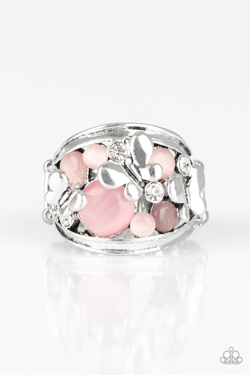 Paparazzi Accessories - Flutter Me Up - Pink Ring dainty silver butterflies flutter atop a backdrop of glowing pink moonstones and glassy white rhinestones, coalescing into an enchanted band. Features a stretchy band for a flexible fit.  Sold as one individual ring.