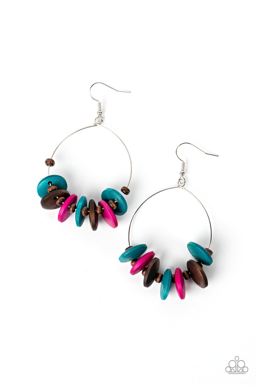 Separated by dainty brown wooden beads, Harbor Blue, brown, and pink wooden discs are threaded along a dainty wire hoop for a colorful tropical flair. Earring attaches to a standard fishhook fitting. Sold as one pair of paparazzi earrings.