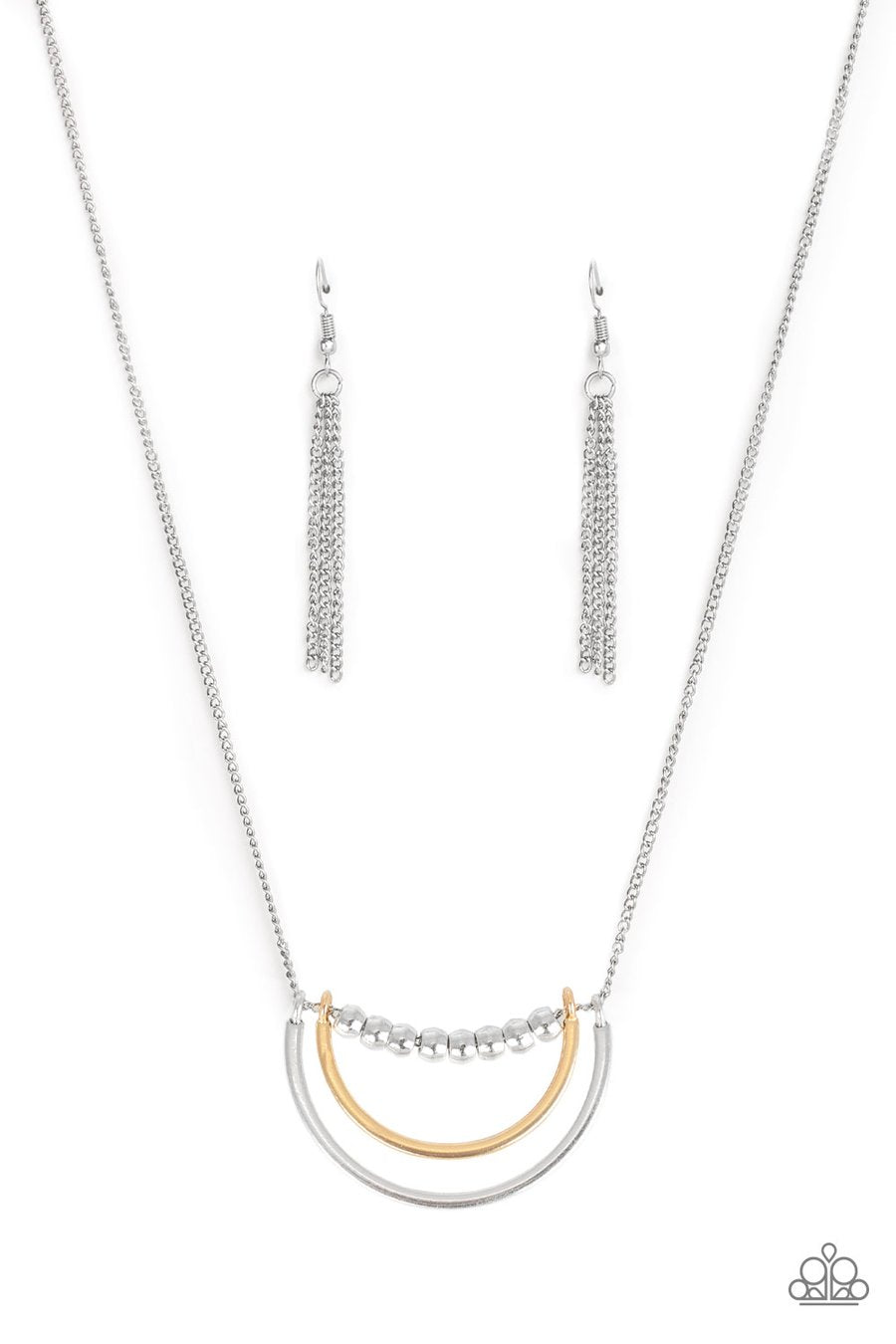Paparazzi Accessories Artificial Arches - Silver Necklaces a strand of shiny silver beads give way to bowing gold and silver frames, creating an edgy pendant below the collar. Features an adjustable clasp closure.  Sold as one individual necklace. Includes one pair of matching earrings.