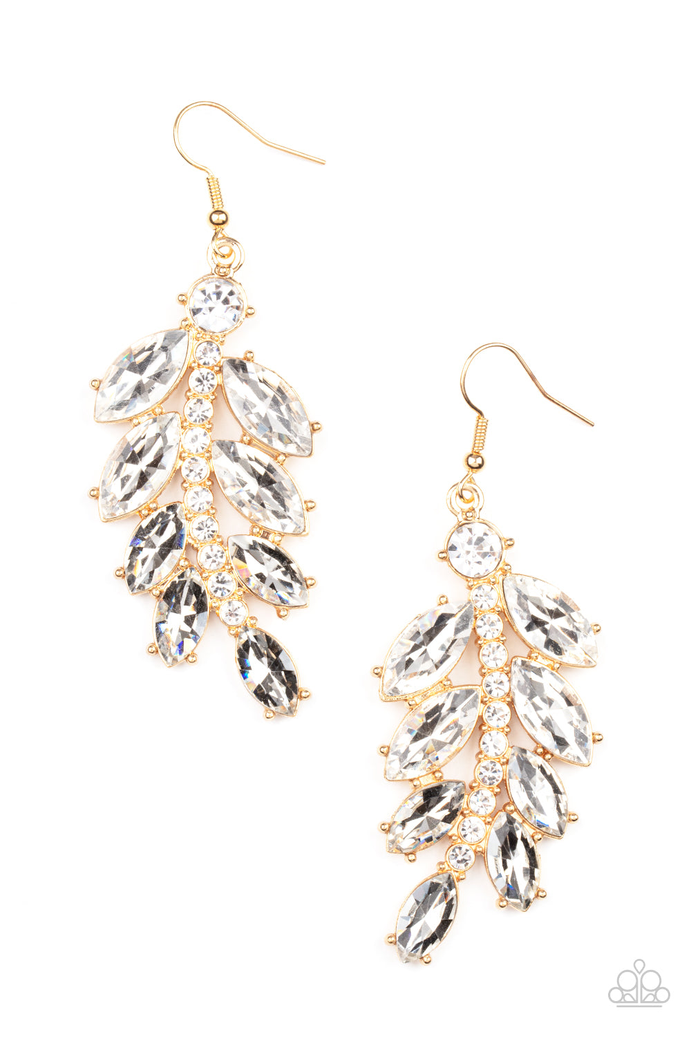 Ice Garden Gala - Gold Rhinestone Earrings versized marquise cut white rhinestones fan out from a curved gold bar encrusted in glassy white rhinestones, resulting into a glamorously leafy statement piece. Earring attaches to a standard fishhook fitting.  Sold as one pair of earrings.