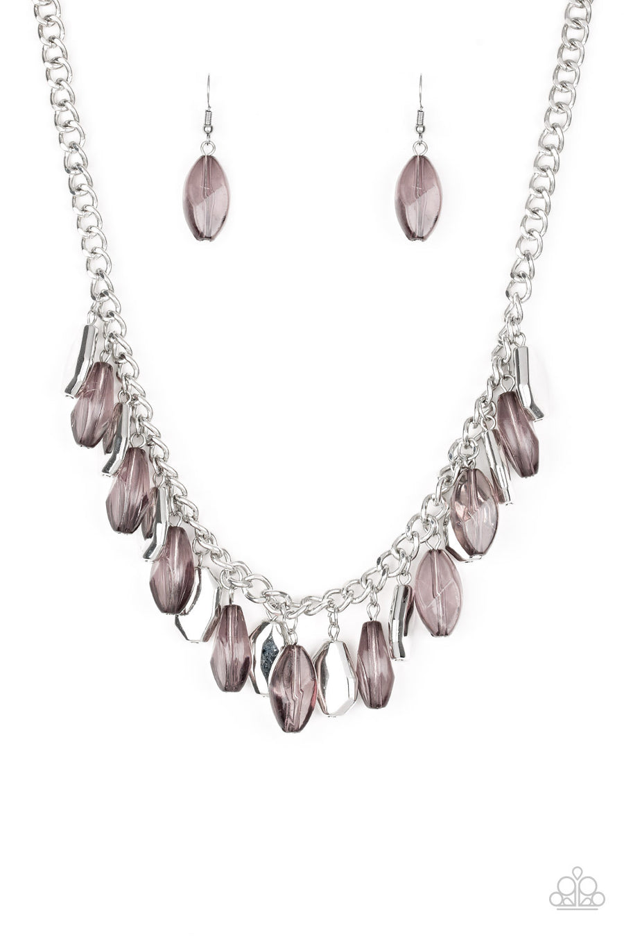 Fringe Fabulous - Silver Necklaces cloudy faceted beads and imperfect silver teardrops drip from the bottom of a shimmery silver chain, creating a sassy fringe below the collar. Features an adjustable clasp closure. Sold as one individual necklace. Includes one pair of matching earrings.