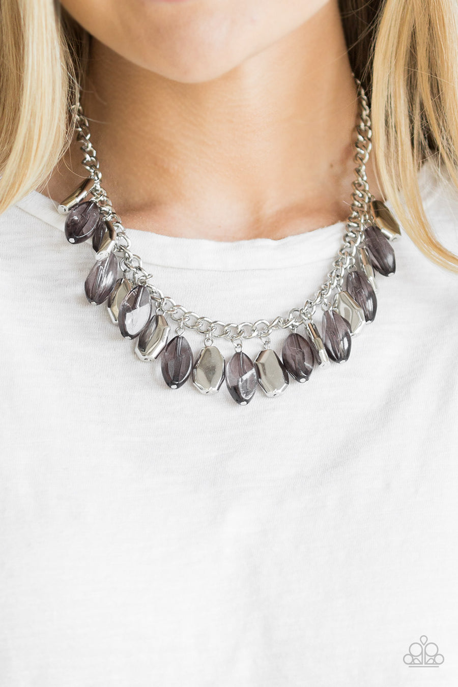 Fringe Fabulous - Silver Necklaces cloudy faceted beads and imperfect silver teardrops drip from the bottom of a shimmery silver chain, creating a sassy fringe below the collar. Features an adjustable clasp closure.  Sold as one individual necklace. Includes one pair of matching earrings.