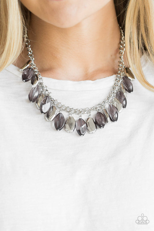 Fringe Fabulous - Silver Necklaces cloudy faceted beads and imperfect silver teardrops drip from the bottom of a shimmery silver chain, creating a sassy fringe below the collar. Features an adjustable clasp closure.  Sold as one individual necklace. Includes one pair of matching earrings.