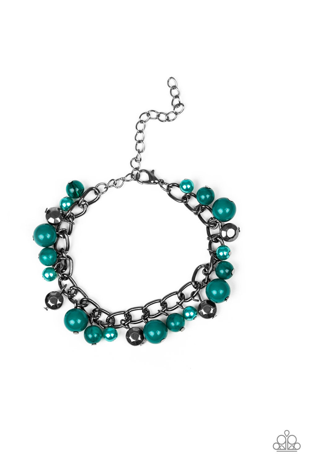 Paparazzi Accessories Hold My Drink - Green Bracelets pearly and polished green beading joins faceted gunmetal beads along a bold gunmetal chain, creating a sassy fringe around the wrist. Features an adjustable clasp closure. Sold as one individual bracelet. Get The Complete Look! Necklace: "Watch Me Now - Green" (Sold Separately)
