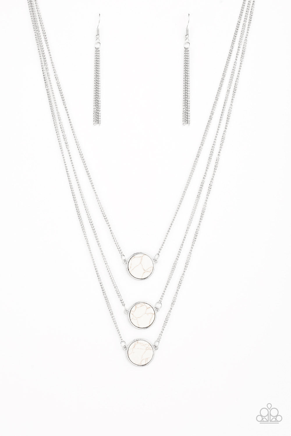 CEO of Chic - White Necklaces a /t Tyrhree flat white stones are pressed into sleek silver frames and layered below the collar for a chic finish. Features an adjustable clasp closure. Sold as one individual necklace. Includes one pair of matching earrings. Paparazzi Jewelry is lead and nickel free so it's perfect for sensitive skin too!