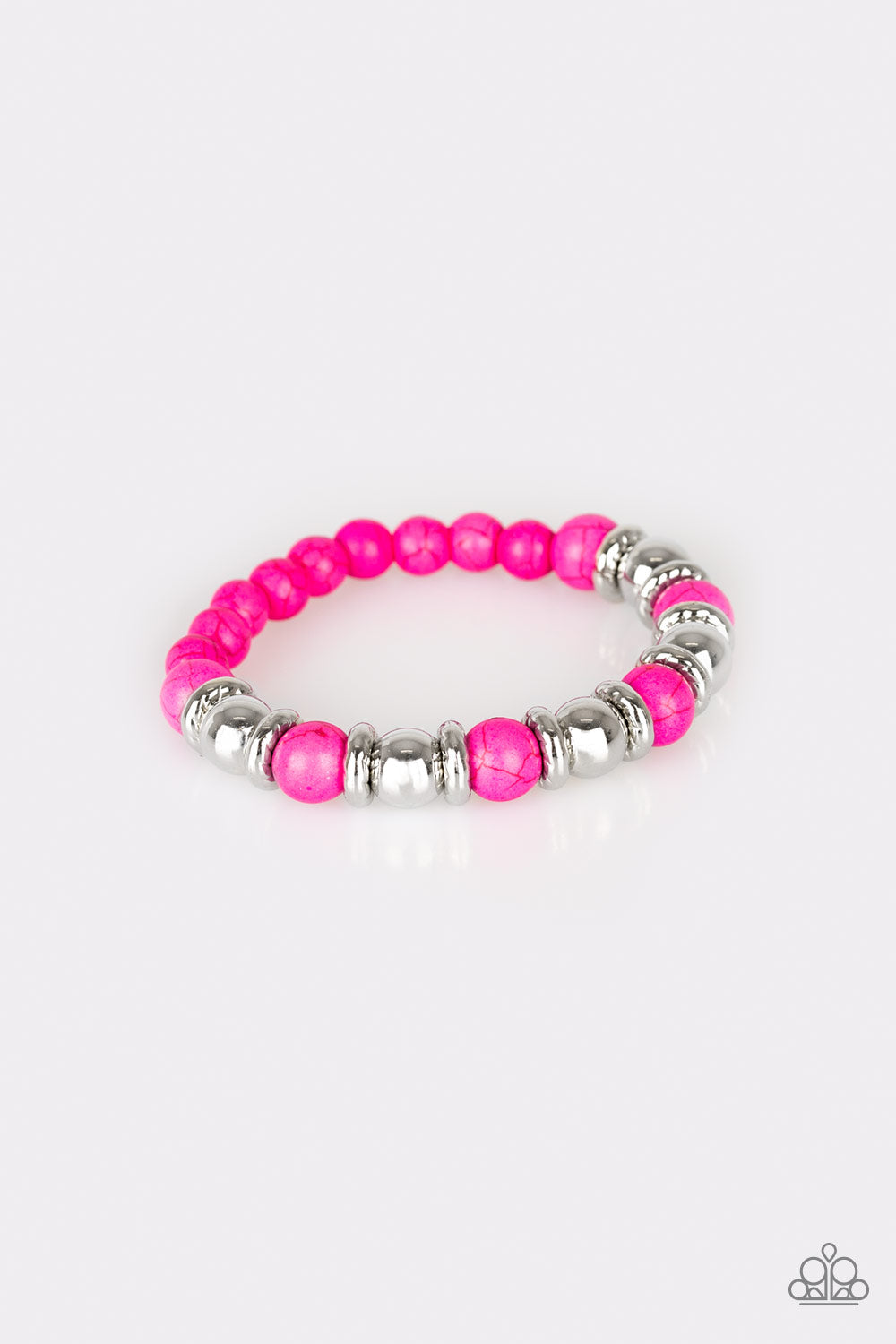 Paparazzi Accessories Across the Mesa - Pink Bracelets a collection of silver accents and vivacious pink stones are threaded along a stretchy band for a seasonal look.  Sold as one individual bracelets.