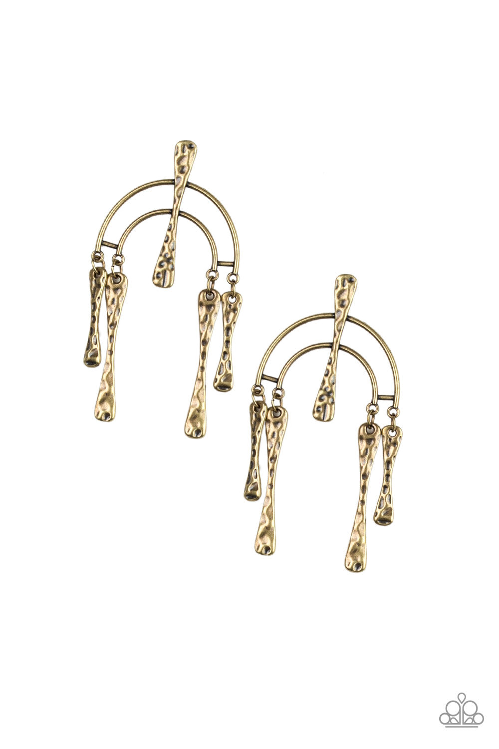 Paparazzi Accessories ARTIFACTS of Life - Brass Earrings hammered bars dangle from the ends of a bowing brass frame, creating an abstract lure. A matching brass bar adorns the center of the frame for a handcrafted finish. Earring attaches to a standard post fitting. Sold as one pair of post earrings.