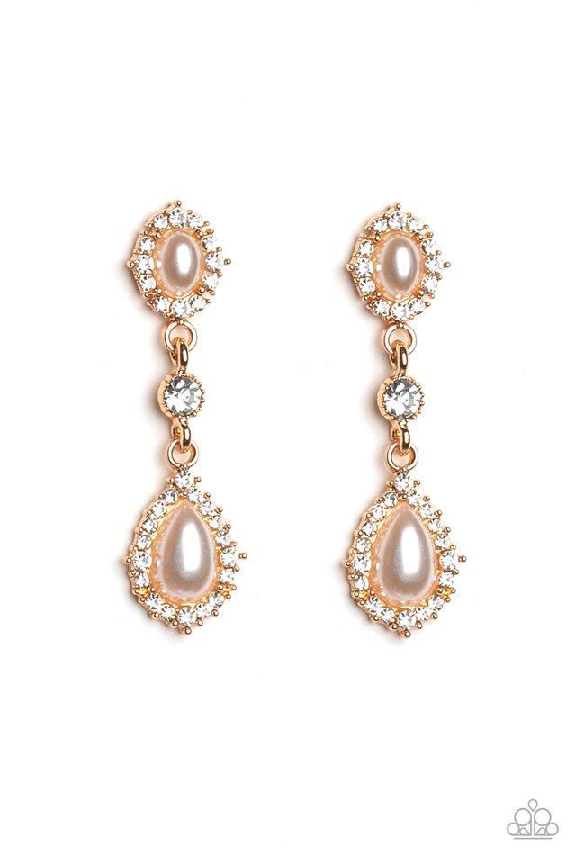 Paparazzi Accessories All- Glowing - Gold Post Earrings a solitaire white rhinestone is linked between two pearly and white rhinestone encrusted frames, creating an elegant lure. Earring attaches to a standard post fitting. Sold as one pair of post earrings. Perfect for those with sensitive skin.