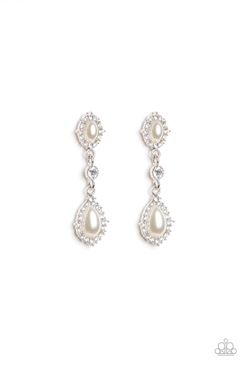 Paparazzi Accessories All-GLOWING - White Earrings solitaire white rhinestone is linked between two pearly white rhinestone encrusted frames, creating an elegant lure. Earring attaches to a standard post fitting. Sold as one pair of post earrings.