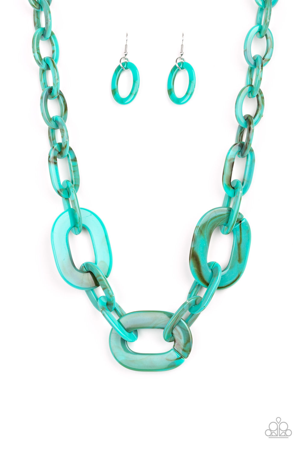 Paparazzi Accessories All in-VINCIBLE - Blue Necklaces brushed in a faux-marble finish, bold turquoise links connect below the collar for a statement making look. Features an adjustable clasp closure. Sold as one individual necklace. Includes one pair of matching earrings.