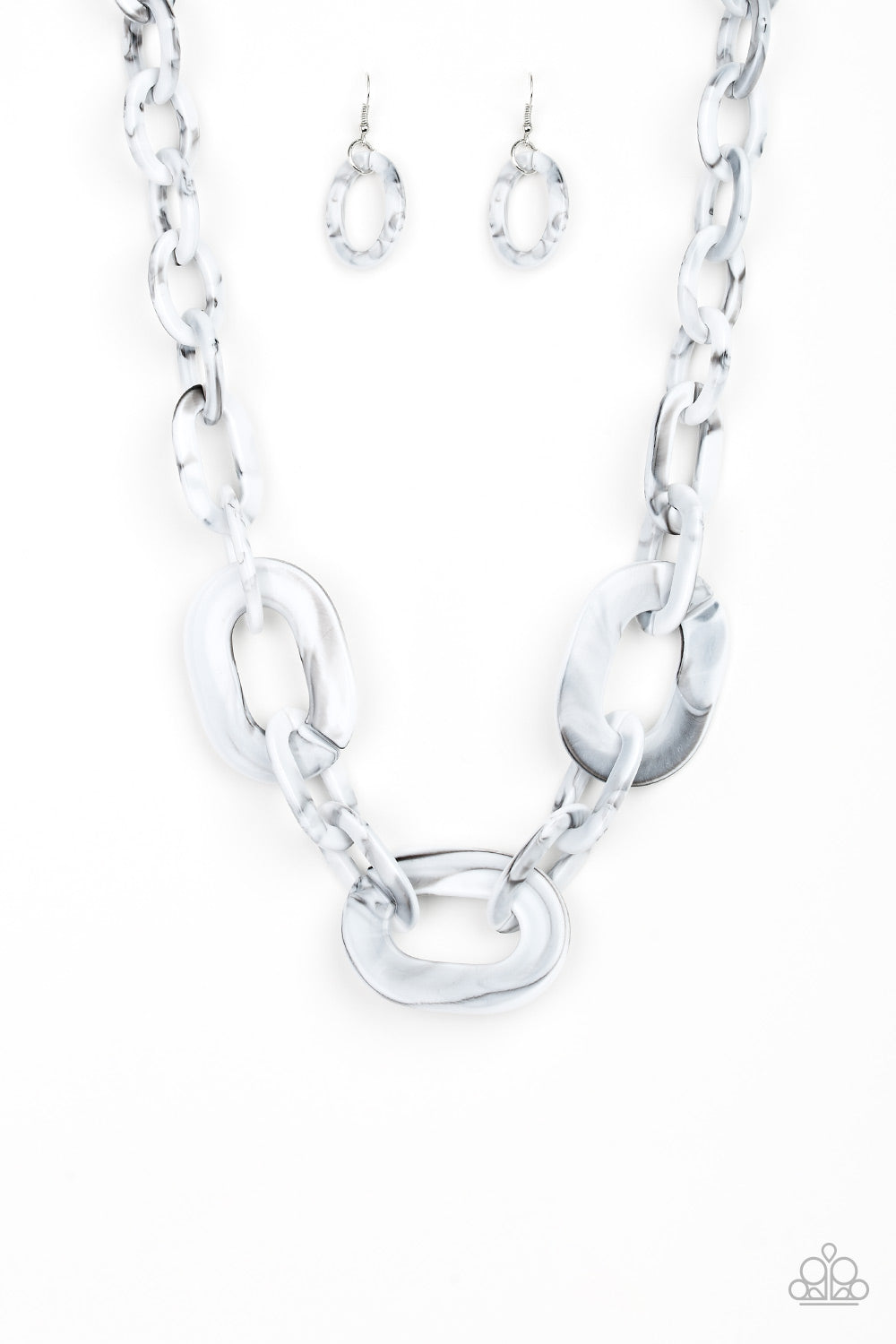 Paparazzi Accessories All in-VINCIBLE - Silver Necklaces brushed in a faux-marble finish, bold links connect below the collar for a statement making look. Features an adjustable clasp closure. Sold as one individual necklace. Includes one pair of matching earrings.