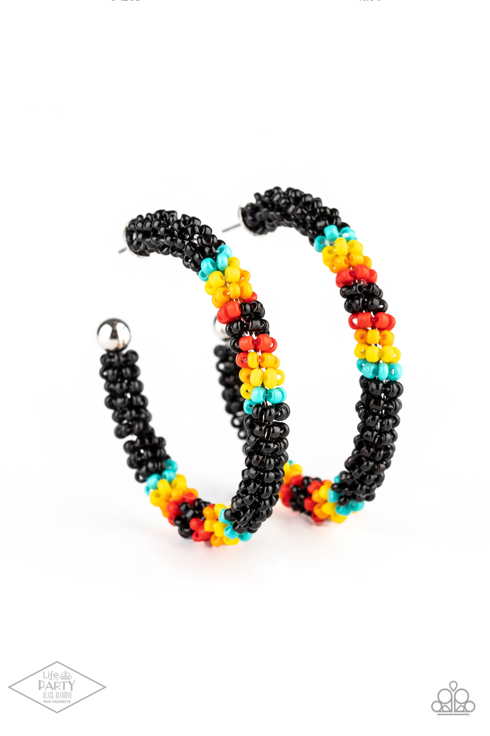 Paparazzi Accessories Bodaciously Beaded - Black Seedbead Hoop Earrings aolorful strand of black, blue, yellow, orange, and red seed beads wraps around a shiny silver hoop, creating a colorfully seasonal look. Earring attaches to a standard post fitting. Hoop measures approximately 2" in diameter.  Sold as one pair of hoop earrings.  Paparazzi Jewelry is lead and nickel free so it's perfect for sensitive skin too!