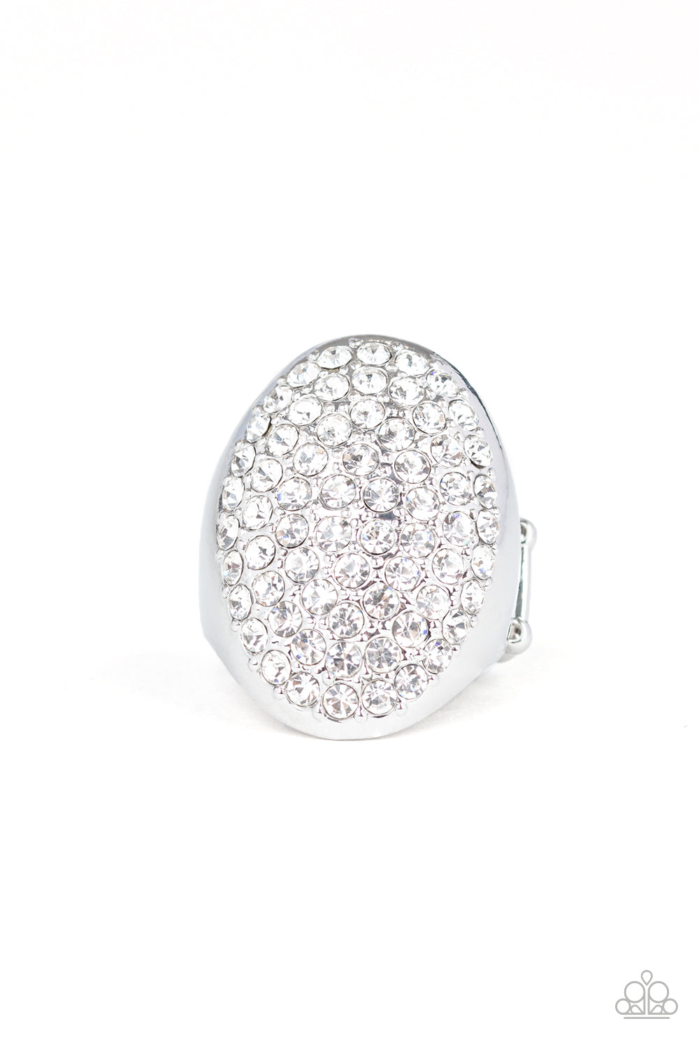 Paparazzi Accessories Bling Scene - White Rings row after row of dazzling white rhinestones radiate out from the center of a thick silver frame, creating a blinding centerpiece atop the finger. Features a stretchy band for a flexible fit.