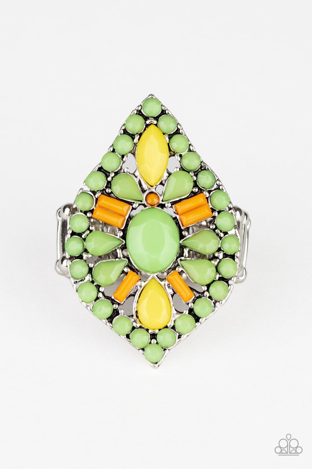 Paparazzi Accessories Jungle Jewelry - Green Rings featuring oval, round, teardrop, and marquise shapes, a vivacious collection of orange, yellow, and green beads are encrusted along the top of a silver frame, creating a colorful tribal centerpiece. Features a stretchy band for a flexible fit. Sold as one individual ring.