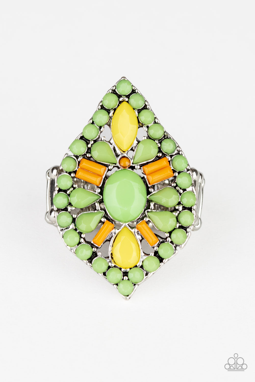  Paparazzi Accessories Jungle Jewelry - Green Rings featuring oval, round, teardrop, and marquise shapes, a vivacious collection of orange, yellow, and green beads are encrusted along the top of a silver frame, creating a colorful tribal centerpiece. Features a stretchy band for a flexible fit.  Sold as one individual ring.