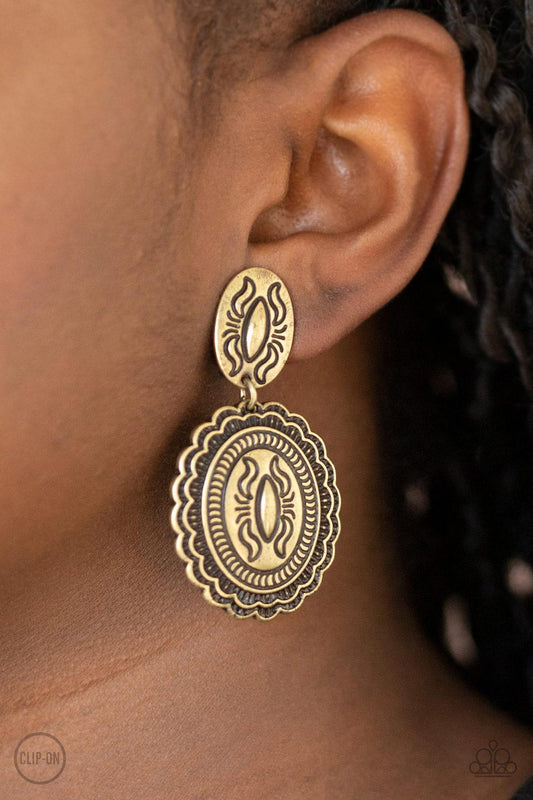 Paparazzi Accessories Ageless Artifacts - Brass Clip-On Earrings - Lady T Accessories