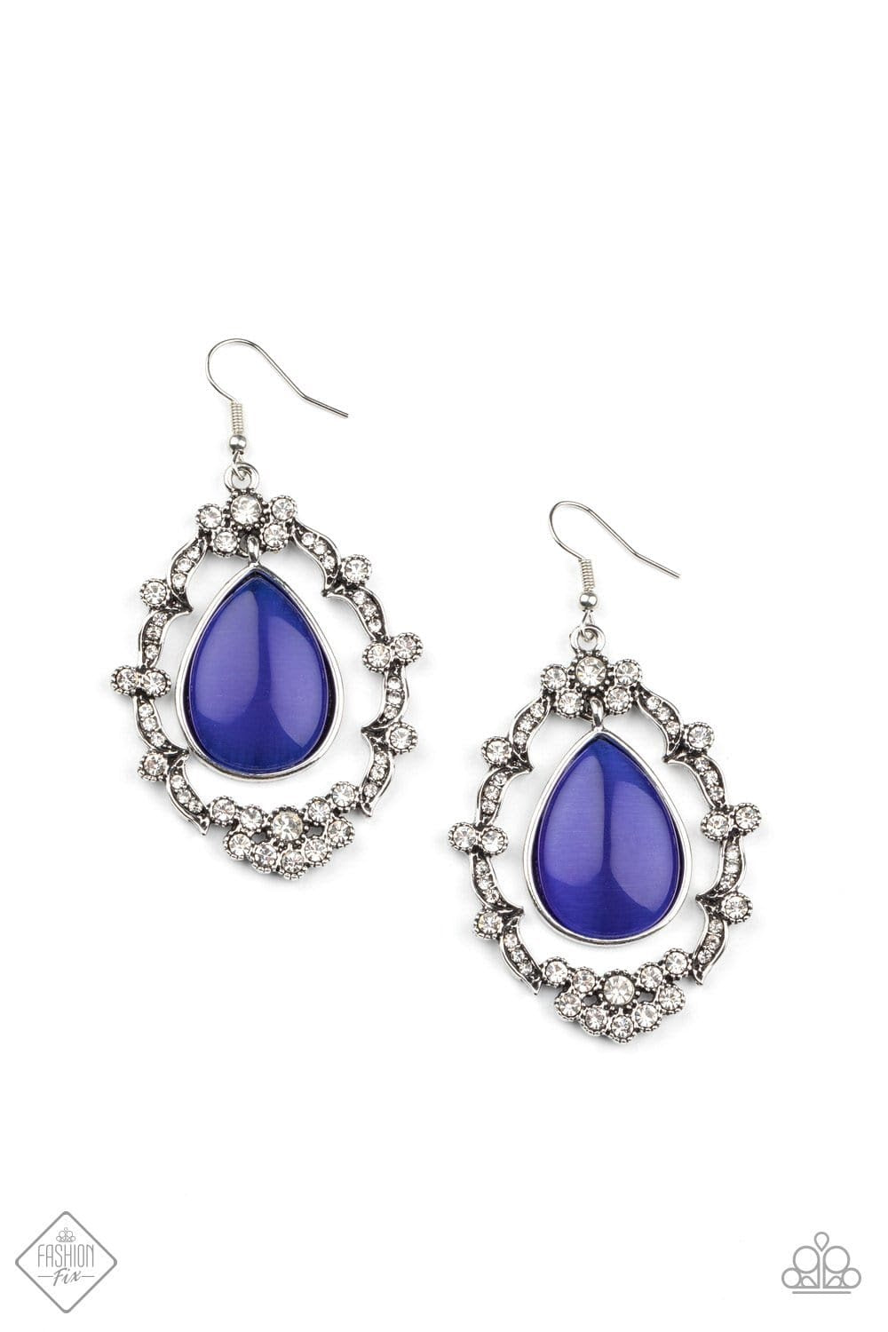 Icy Eden - Blue Teardrop Earrings classic Blue cat's eye teardrop swings from the top of an ornate rhinestone-encrusted frame, creating an icy lure. Earring attaches to a standard fishhook fitting. Sold as one pair of earrings.