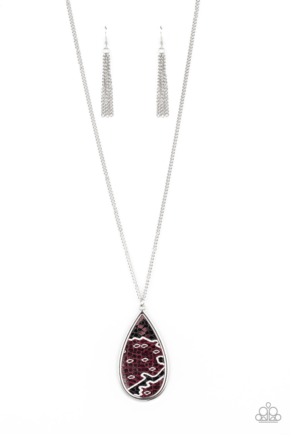 Paparazzi Accessories Artificial Animal - Purple Necklaces featuring a metallic scale print, a piece of purple leather embellishes the center of an oversized silver teardrop at the bottom of a lengthened silver chain for a wild look. Features an adjustable clasp closure.  Sold as one individual necklace. Includes one pair of matching earrings.