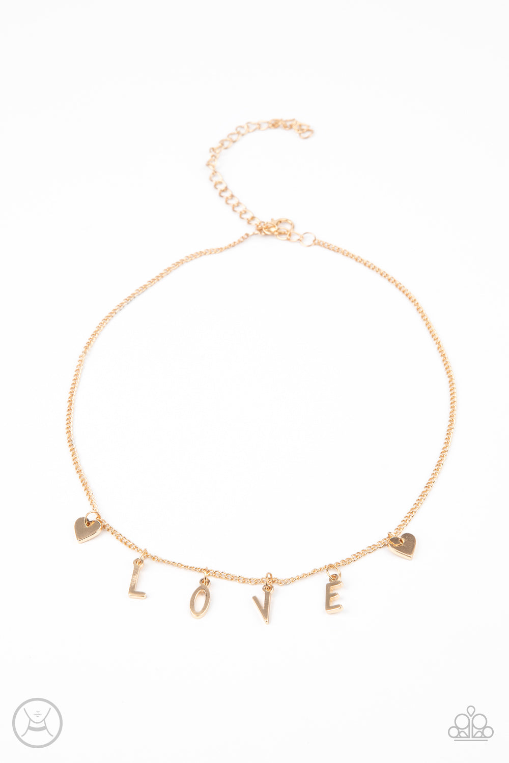 Paparazzi Accessories Love Conquers All - Gold Choker Necklaces nestled between a pair of dainty gold hearts, dangling gold letter charms spell out the word, "LOVE," creating a flirty fringe around the neck. Features an adjustable clasp closure.
Sold as one individual choker necklace. Includes one pair of matching earrings.