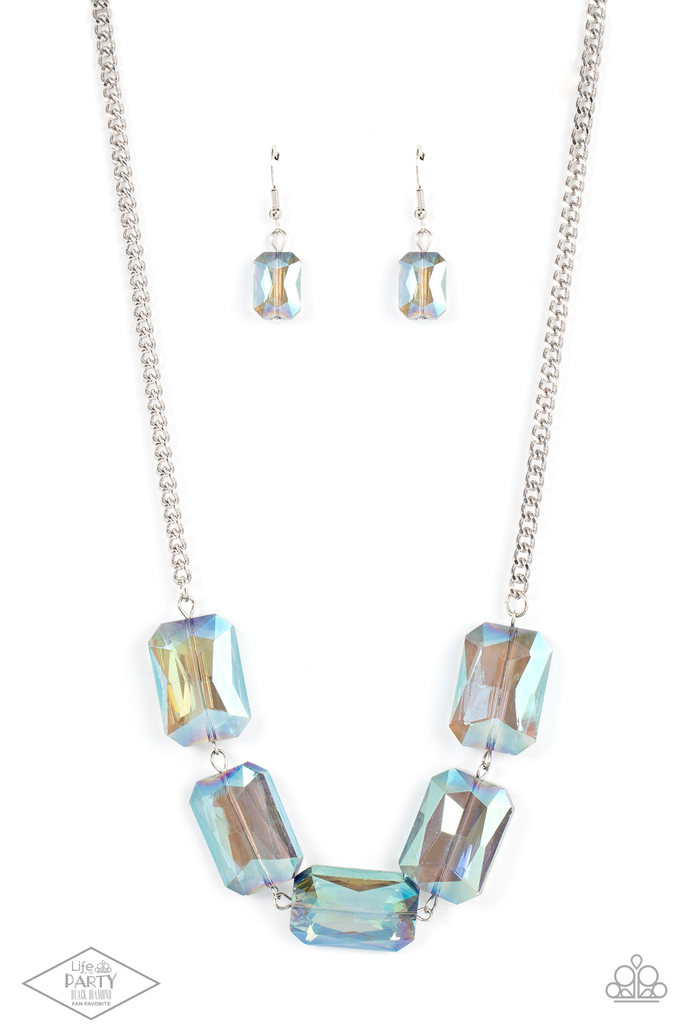 Heard it On the HEIR-Waves - Blue Iridescent Emerald Cut Earrings gorgeously oversized blue emerald-cut gems boldly link below the collar, creating an iridescently icy statement piece. Features an adjustable clasp closure. Sold as one individual necklace. Includes one pair of matching earrings.