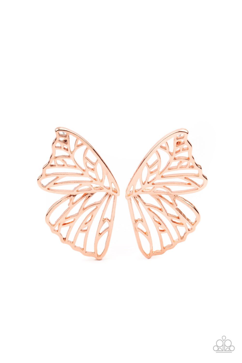 Butterfly Frills - Copper Earrings shiny copper bars delicately climb scalloped shiny copper frames, coalescing into a whimsical butterfly wing. Earring attaches to a standard post fitting.  Sold as one pair of post earrings.  Paparazzi Jewelry is lead and nickel free so it's perfect for sensitive skin too!