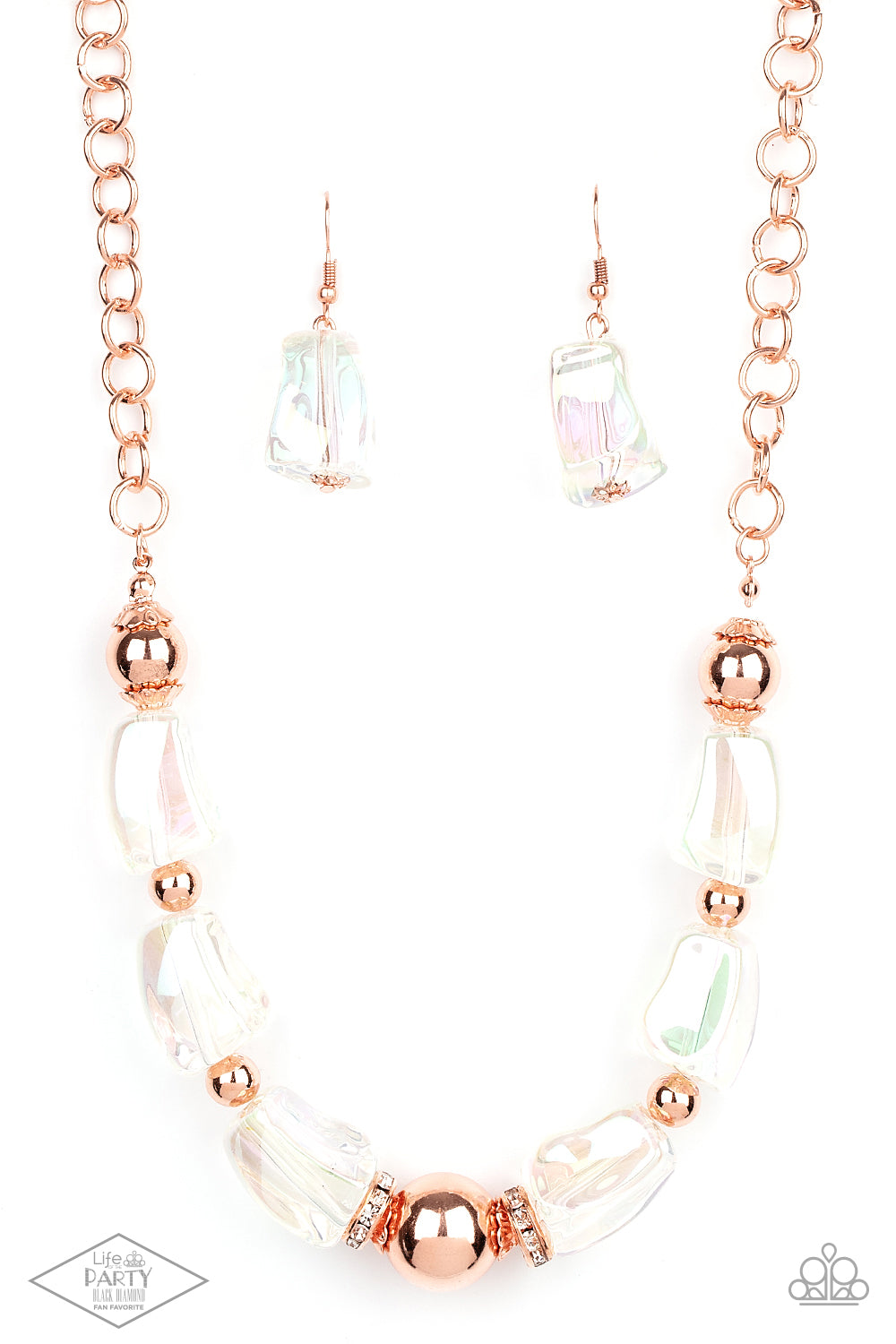 Iridescently Ice Queen - Copper Iridescent Necklaces featuring an icy iridescence, glassy asymmetrical beads join a mismatched collection of shiny copper beads, white rhinestone encrusted rings, and scalloped shiny copper accents below the collar. Attached to a shiny copper chain, the glacial display catches and reflects light for a statement-making finish. Features an adjustable clasp closure. Sold as one individual necklace. Includes one pair of matching earrings.